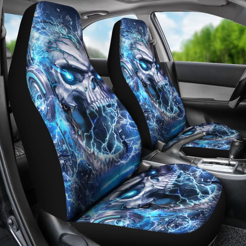 Premium Gothic Skull Car Seat Covers with Blue Music Headphones Design - Trendy Car Interior Accessories for Music Lovers & Gothic Style Enthusiasts | Perfect for Cars, Trucks & SUVs