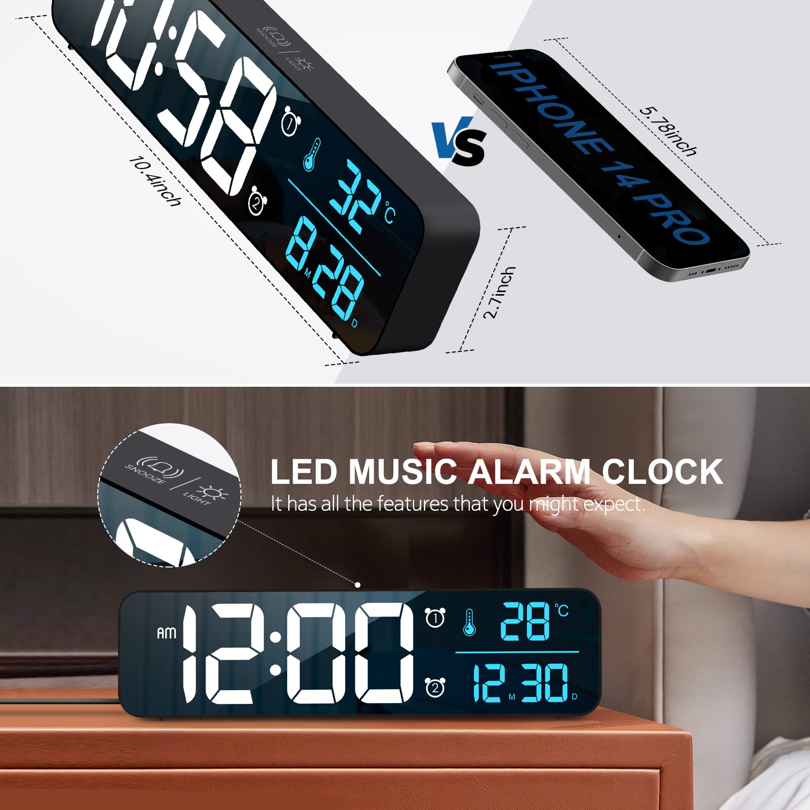 Digital Alarm Clock with Large Display - Wired Wall/Desk Clock for Bedroom, Office & Living Room Decor - Blue LED Backlight & Smart Features - Perfect for Nightstands, Workstations & Home Décor