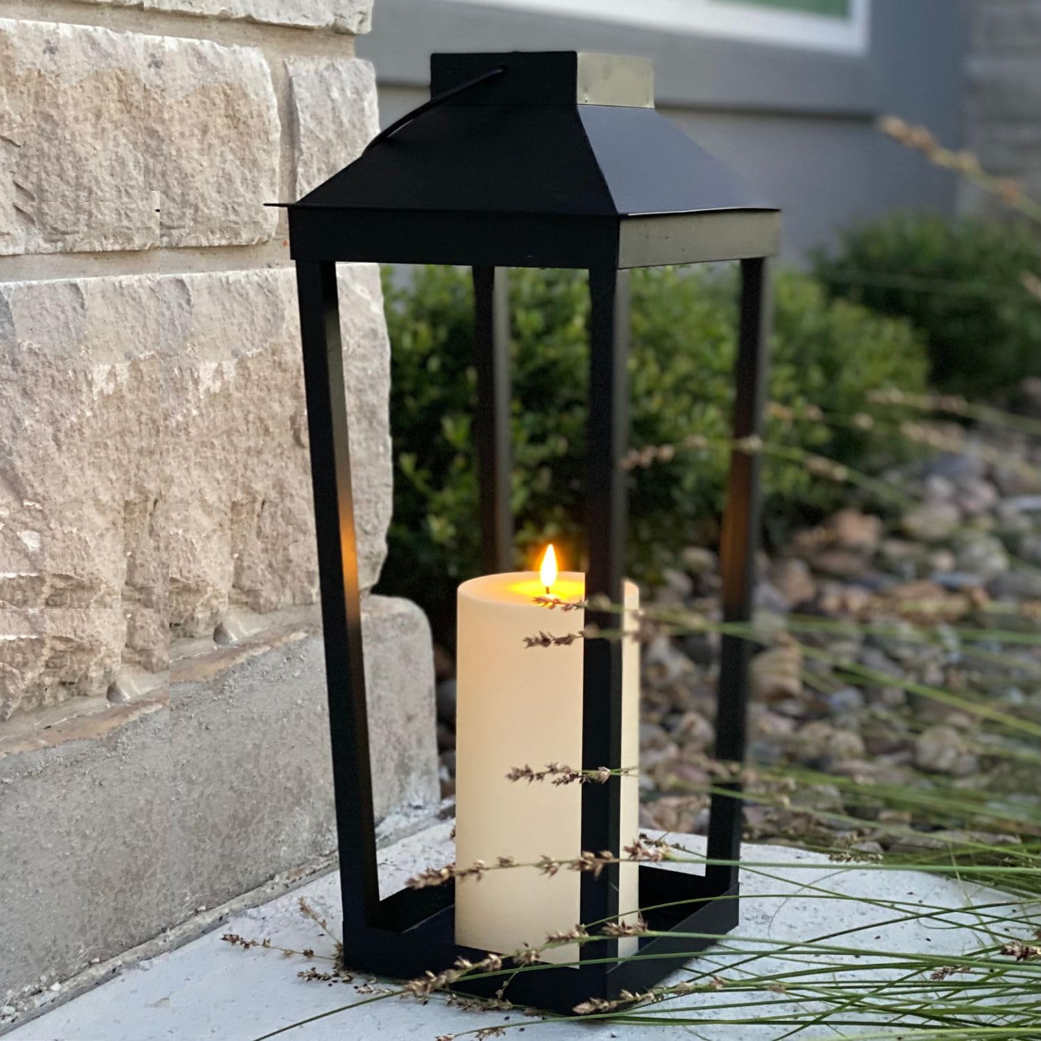19 Inch Black Metal Solar Powered Outdoor Lantern - Open Frame Design with Flickering LED & Dusk to Dawn Timer | Flameless Candle Lantern for Porch, Patio, Garden & Pathway Lighting | Weather Resistant Decorative Lighting for Outdoor Spaces