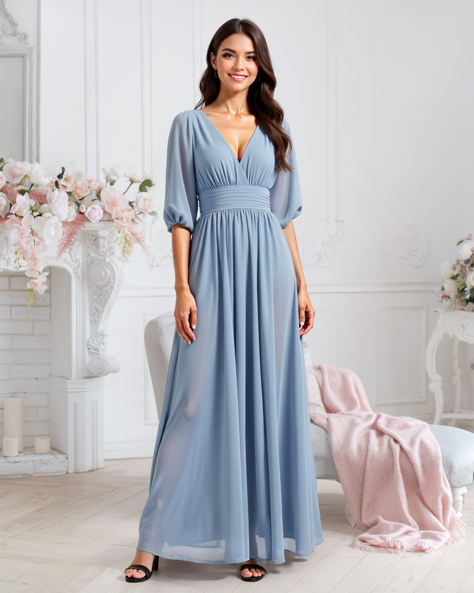 Elegant Chiffon Bridesmaid Dresses 2025 - Long V-Neck Half Sleeve Formal Gowns for Weddings, Parties & Special Occasions