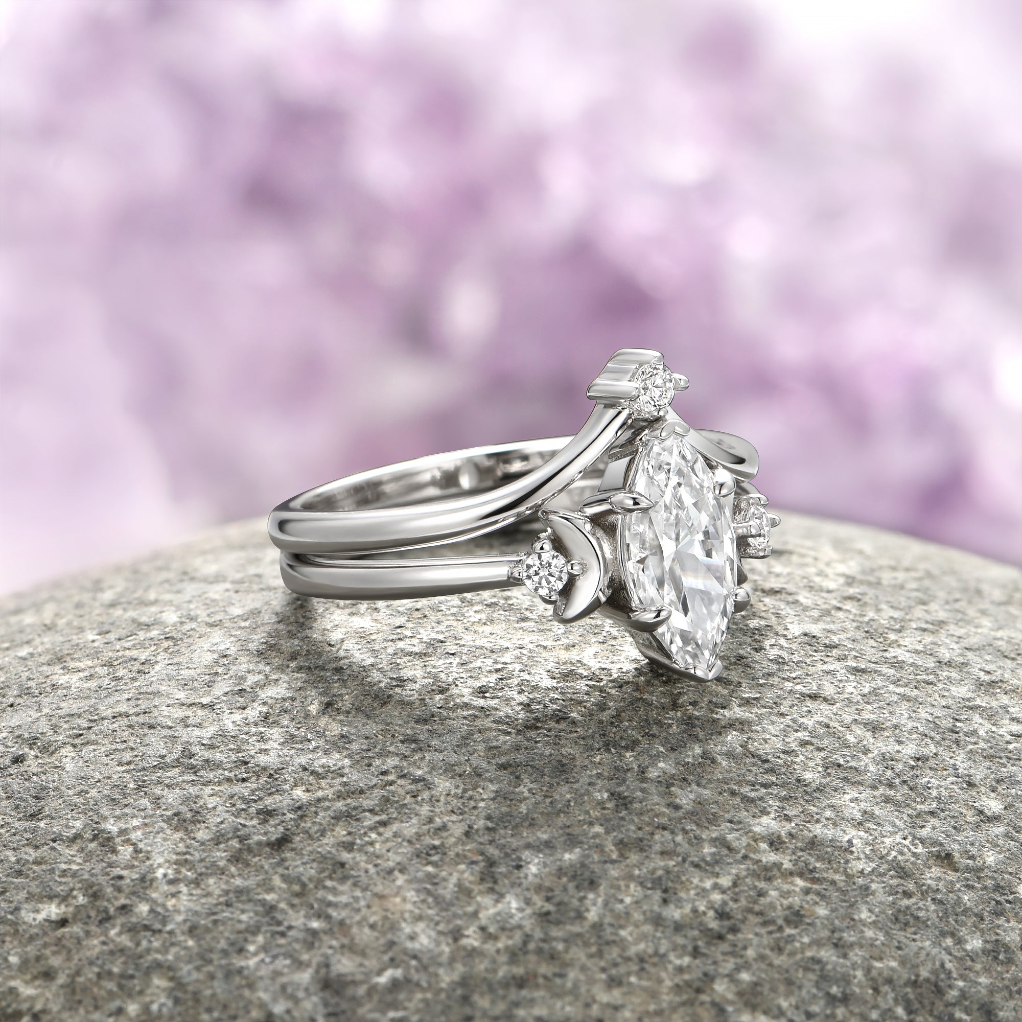 Exquisite 14K White Gold Crescent Moon Moissanite Engagement Ring Set for Women - Perfect for Proposals, Anniversaries & Special Occasions