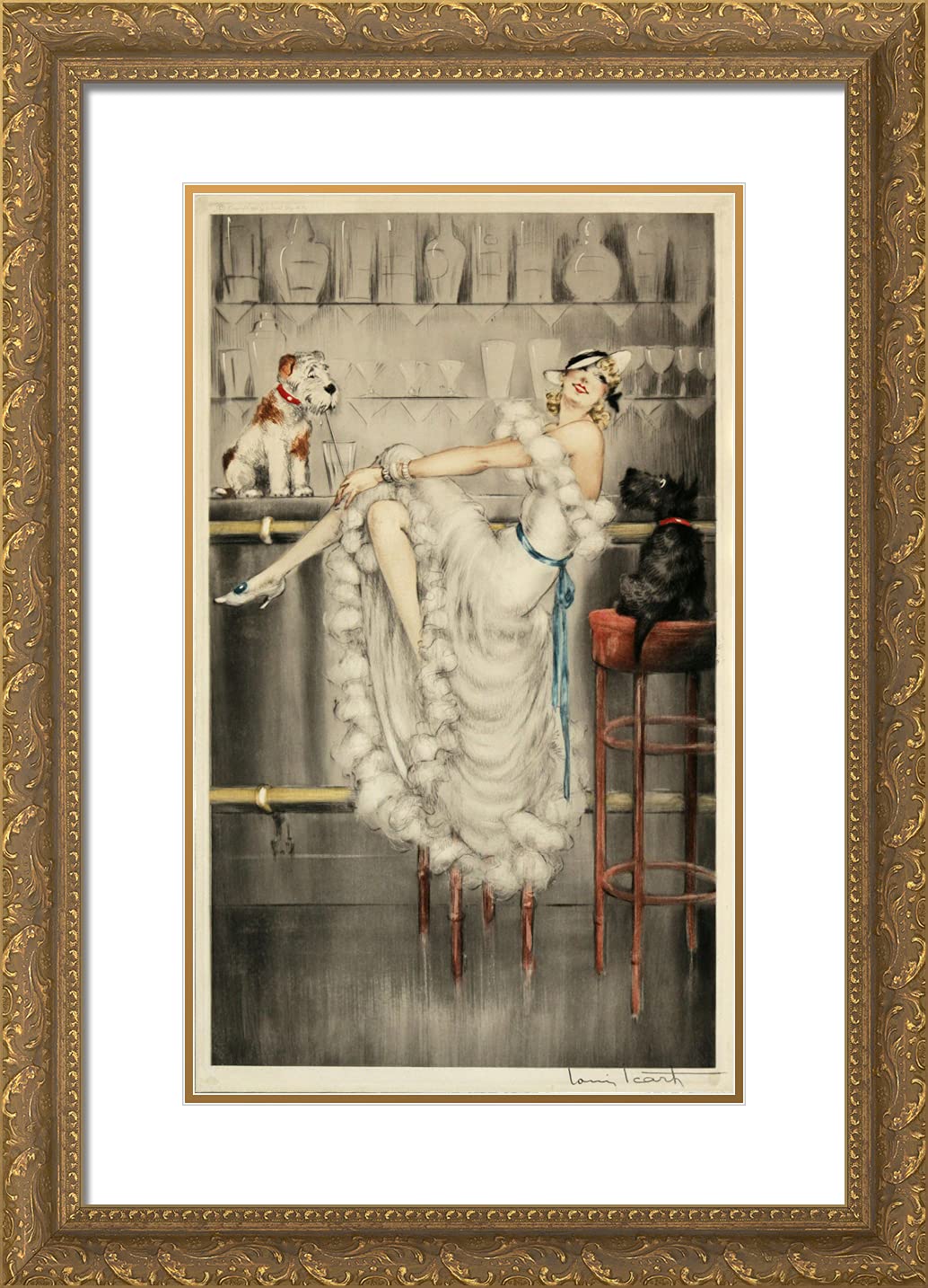 Louis Icart 'Gay Trio' 18x24 Gold Ornate Framed Art Print with Double Matting - Vintage French Art Deco Wall Decor for Living Room, Bedroom & Office