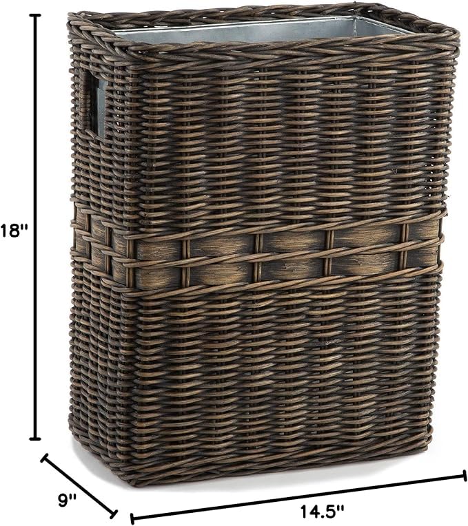 Large Rectangular Wicker Waste Basket with Metal Liner - 14.5