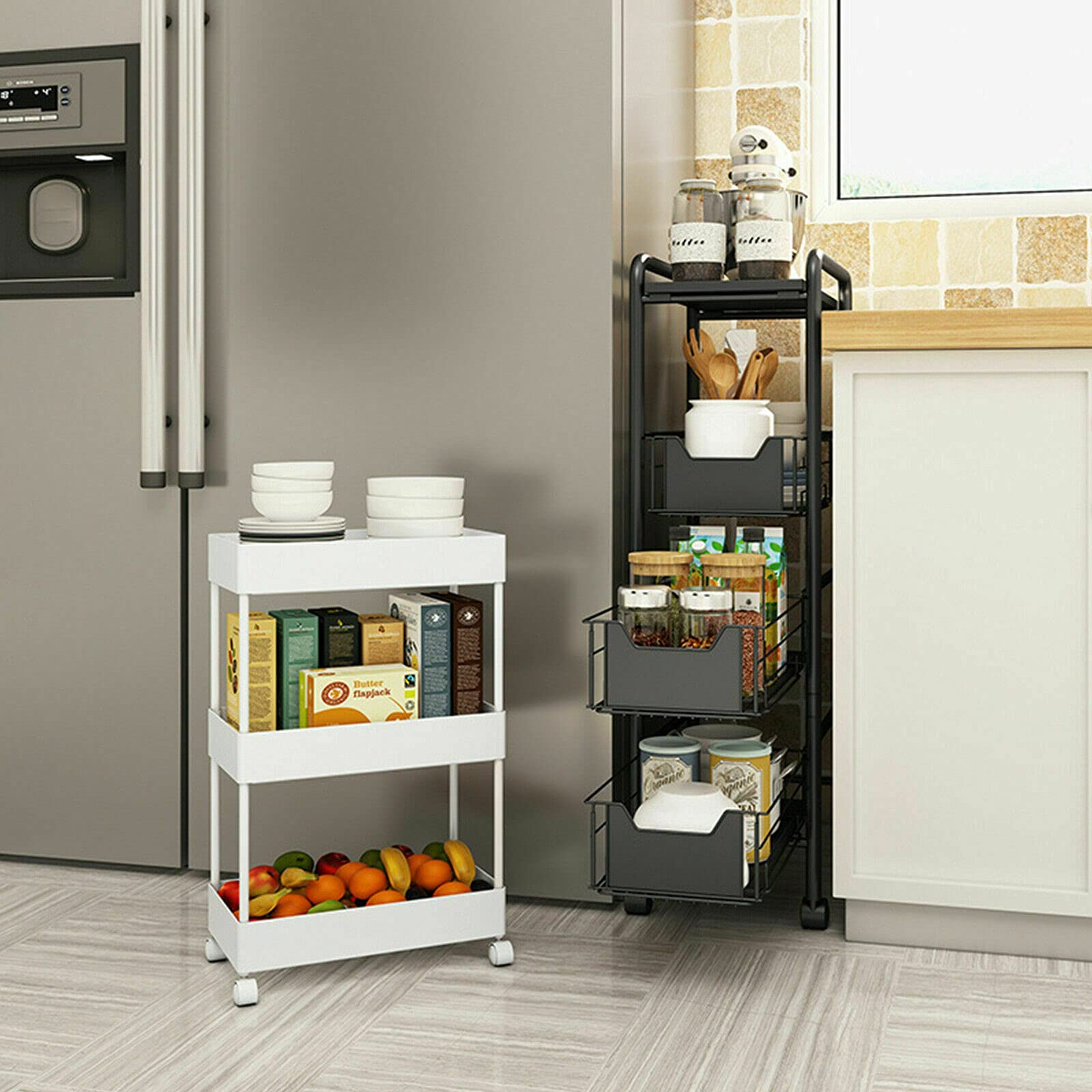 4-Tier Metal Rolling Storage Cart with Wheels & Handle - Slim Narrow Organizer Tower for Kitchen, Bathroom, Laundry - Mobile Utility Shelving Unit for Spice Racks, Pantry Storage & Bathroom Essentials