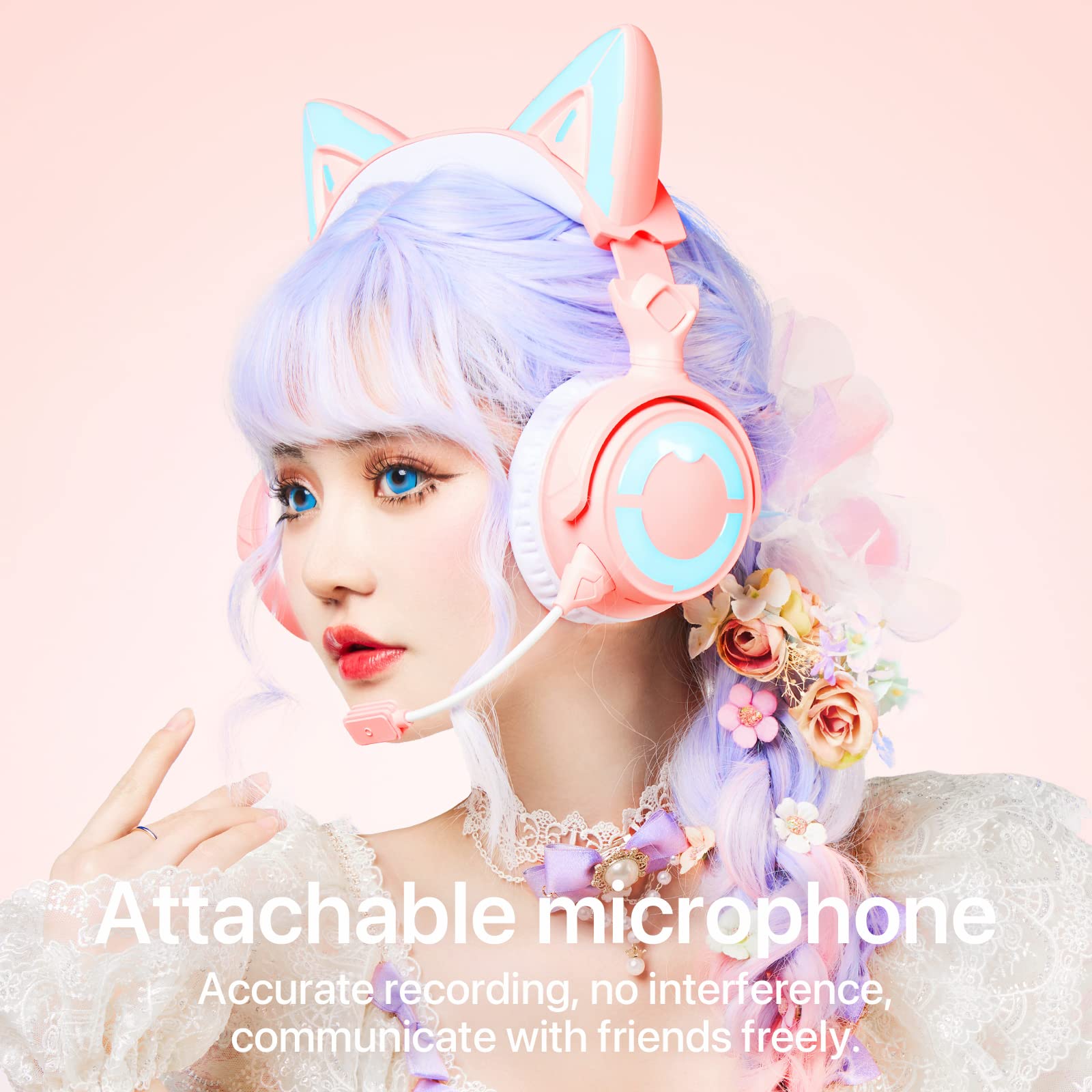 YOWU RGB Cat Ear Headphones 4 - Upgraded Wireless & Wired Gaming Headset with Detachable HD Mic, Active Noise Cancelling, Dual-Channel Stereo & Customizable LED Effects via App (Pink) - Perfect for Gaming, Streaming, Music & Cosplay