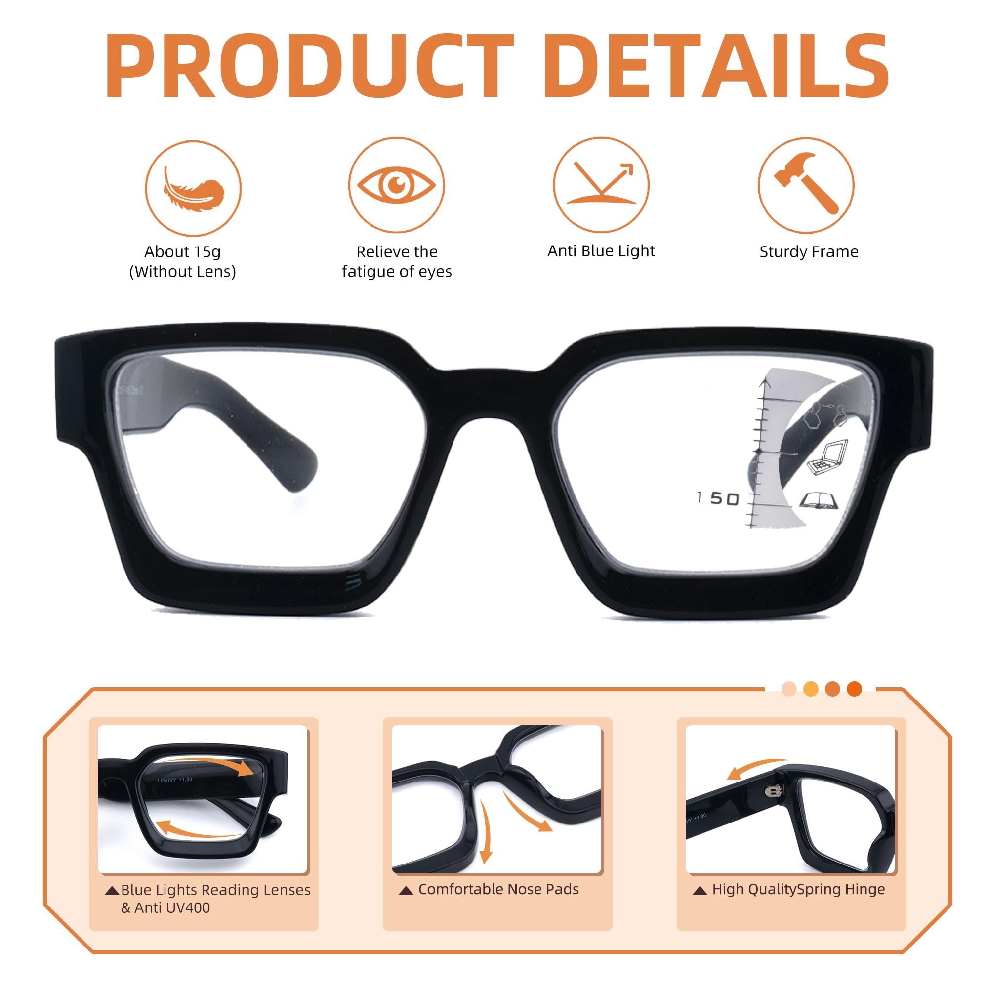 3 Pack Women's Retro Square Progressive Multifocal Reading Glasses - Blue Light Blocking Computer Glasses for Work, Reading & Screen Time