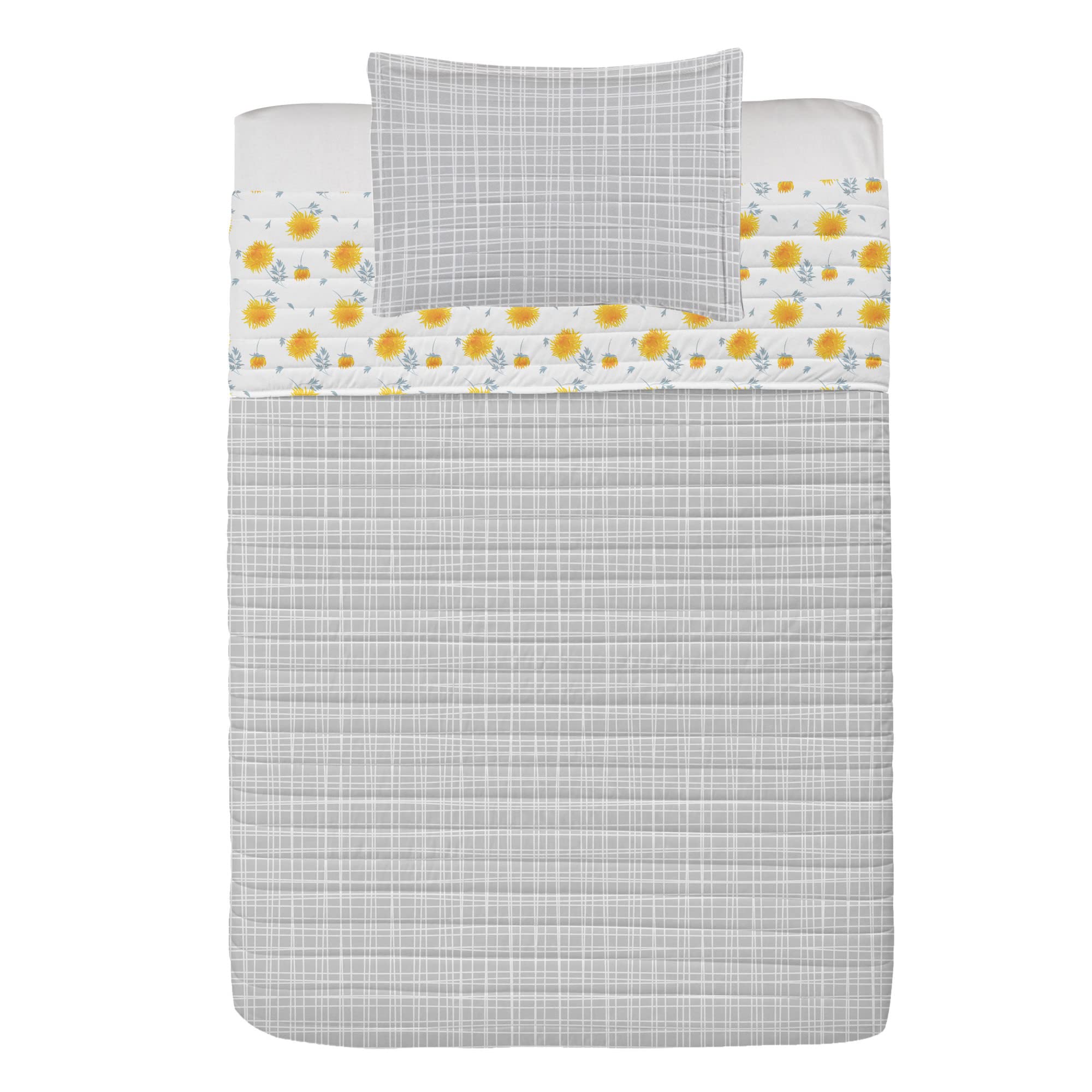 Ambesonne Reversible Twin Size Bedspread Set - Yellow Flower & Autumn Chrysanthemum Design with Fall Leaves, Microfiber Comforter & Pillow Shams in Pale Orange Blue Grey - Perfect for Seasonal Home Decor, Guest Room Bedding, and Nature-Inspired Bedroom Themes