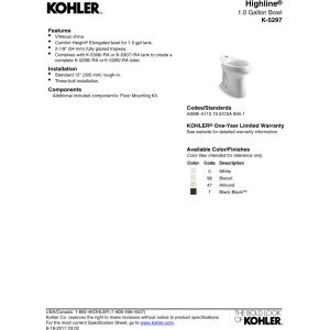 Kohler Highline Elongated Toilet Bowl 1.0 GPF Water-Saving White - Perfect for Modern Bathroom Renovations & Small Space Solutions