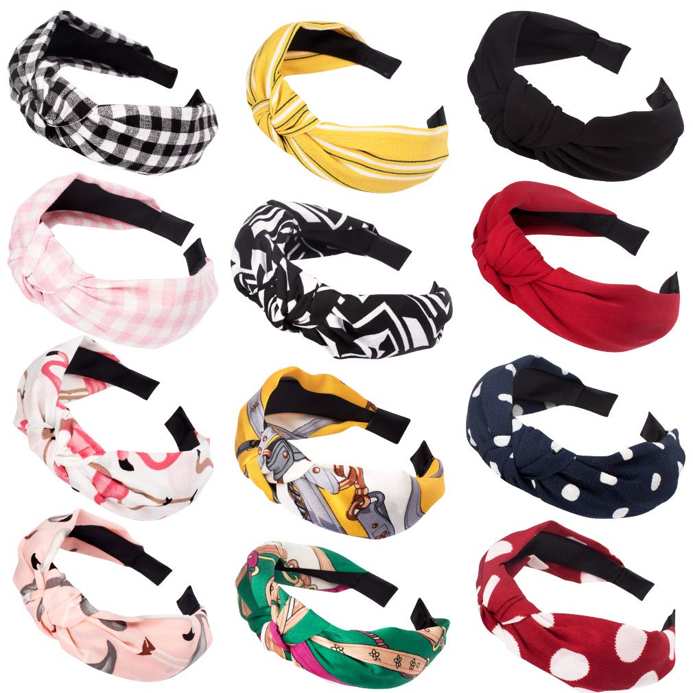 12 Pack Non-Slip Knotted Headbands for Women & Girls - Fashionable Wide Fabric Hair Accessories for Workouts, Yoga, Sports & Everyday Style