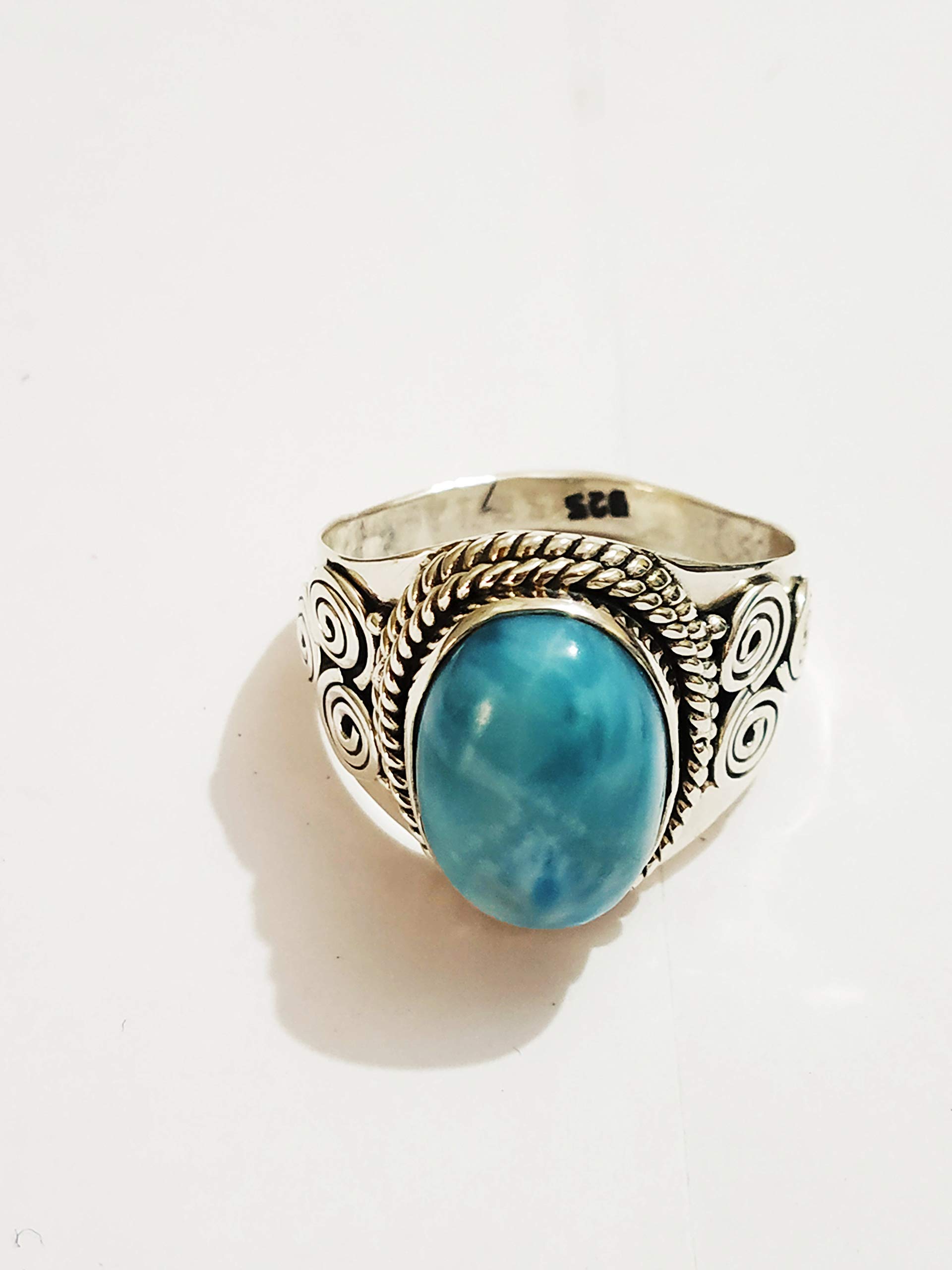 Larimar Ring - 925 Sterling Silver Sky Stone Ring | Dominican Larimar Jewelry | Boho Healing Vintage Style Ring | Perfect for Engagement, BFF Gifts & Spiritual Healing | Handmade Artisan Blue Stone Ring for Women