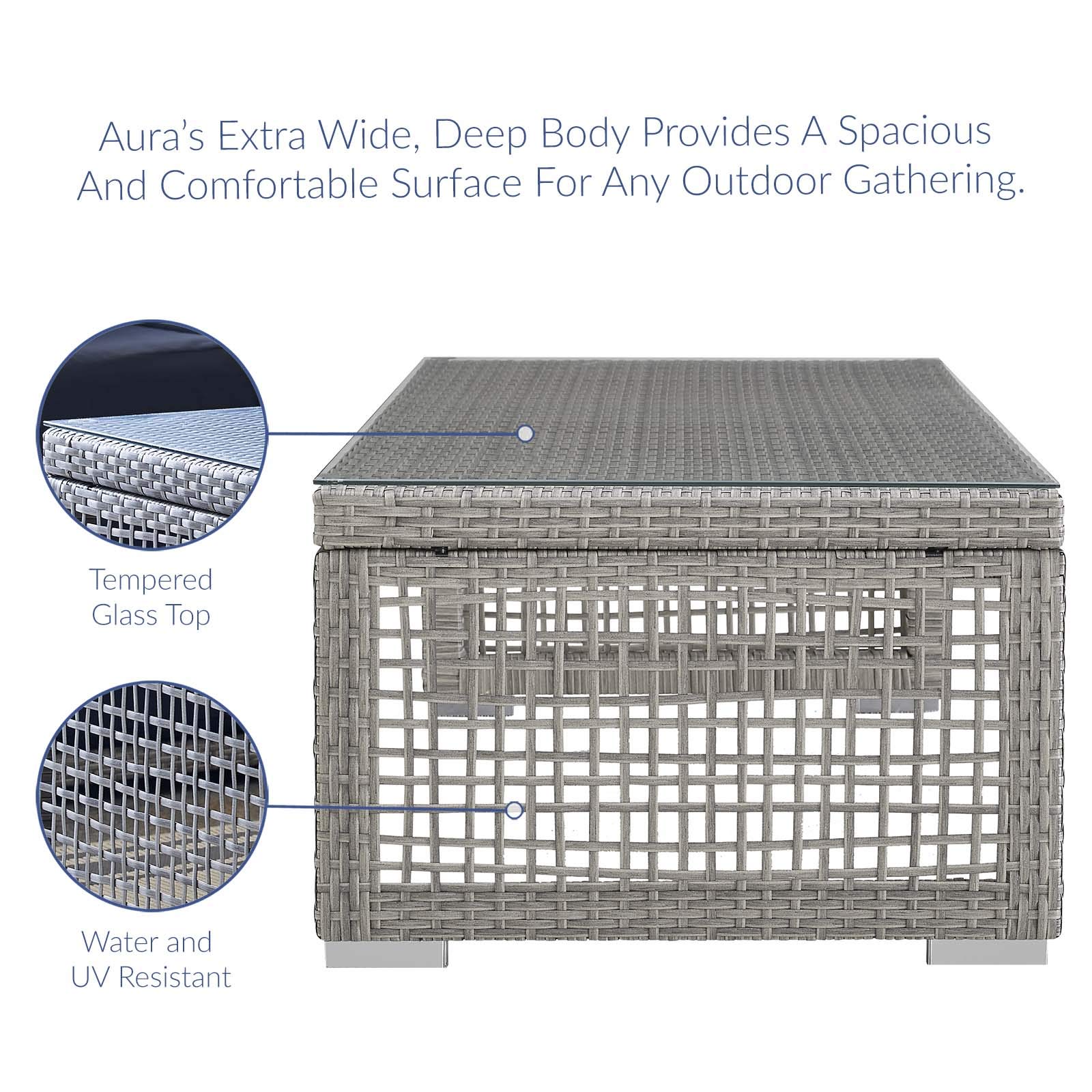 Modway Aura Wicker Rattan Outdoor Patio Coffee Table with Tempered Glass Top - Gray Weather-Resistant Furniture for Garden, Poolside & Backyard Relaxation