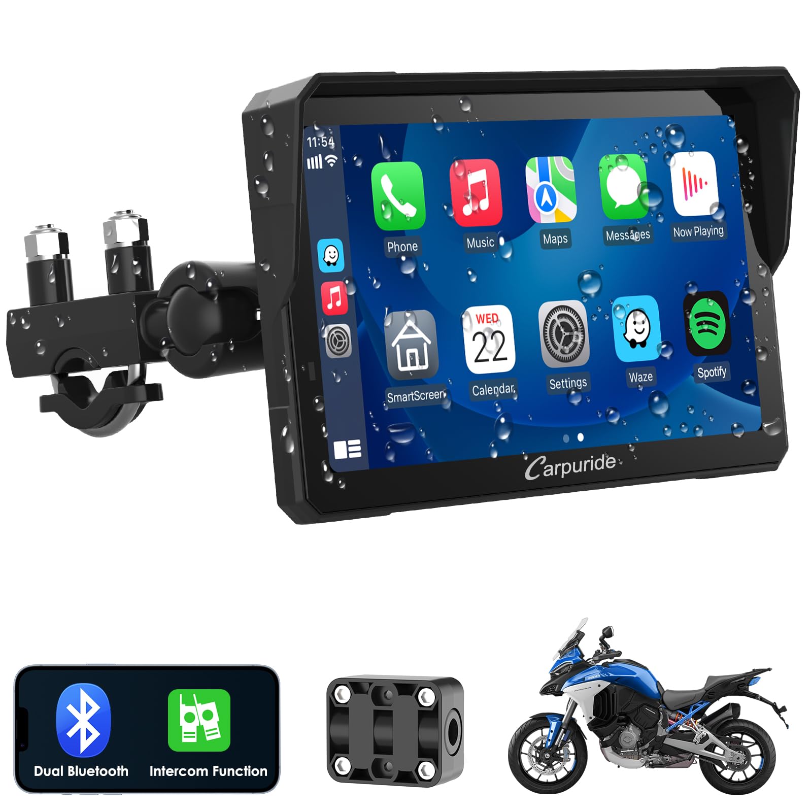 Carpuride W702 Pro 7-Inch Waterproof Motorcycle Touchscreen with Wireless CarPlay & Android Auto, Intercom Function, Enhanced Dual Bluetooth, Navigation, Compass - Perfect for Motorcycle Rides, Road Trips & Outdoor Adventures