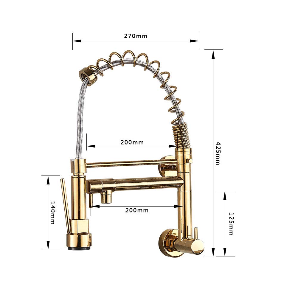 Brass Wall Mounted Single Handle Pull Down Kitchen Sink Faucet - 2 Function Cold Water Mixer Tap in Gold for Modern and Compact Kitchens