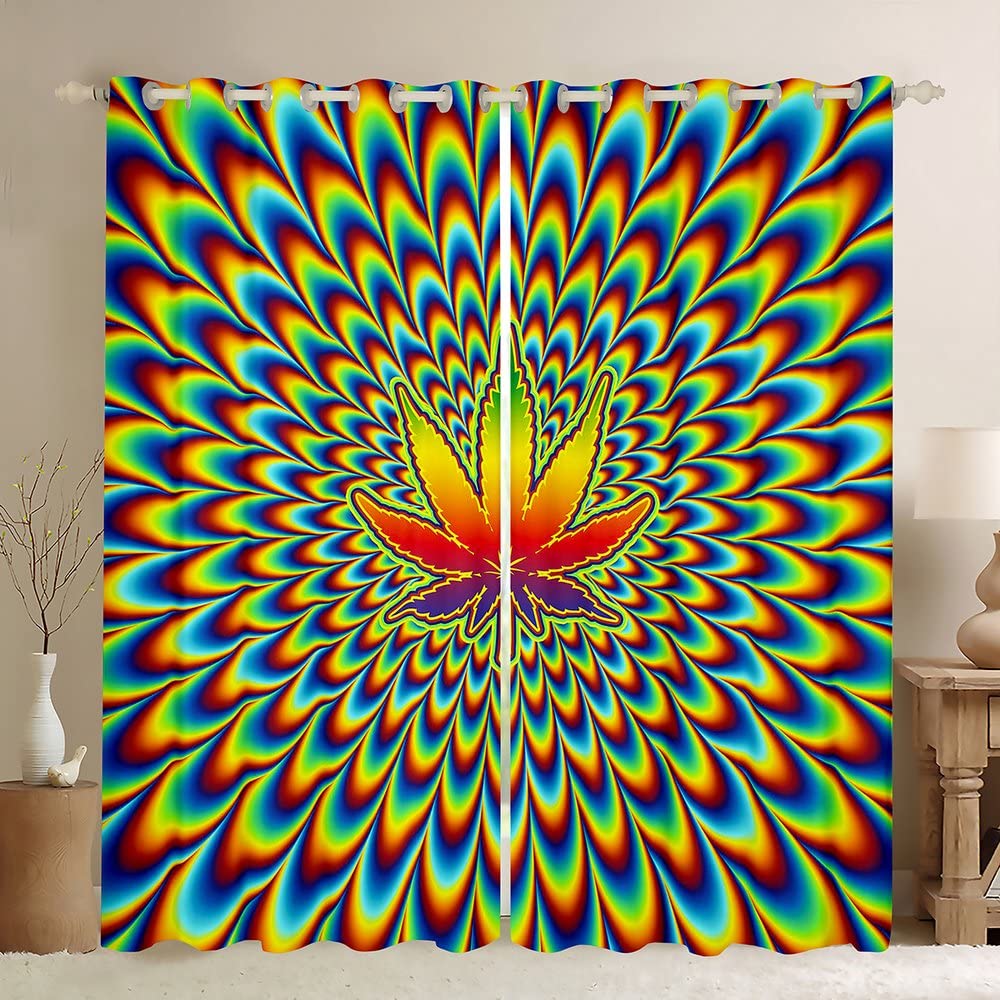 Manfei Cannabis Leaf Window Curtains - Colorful Floral Print Grommet Top 2 Panel Set (38Wx45L inch) - Perfect for Kids & Girls Room Decor, Bedroom Window Treatments - Great for Themed Rooms, Dorm Decor & Hippie Style Home Decor