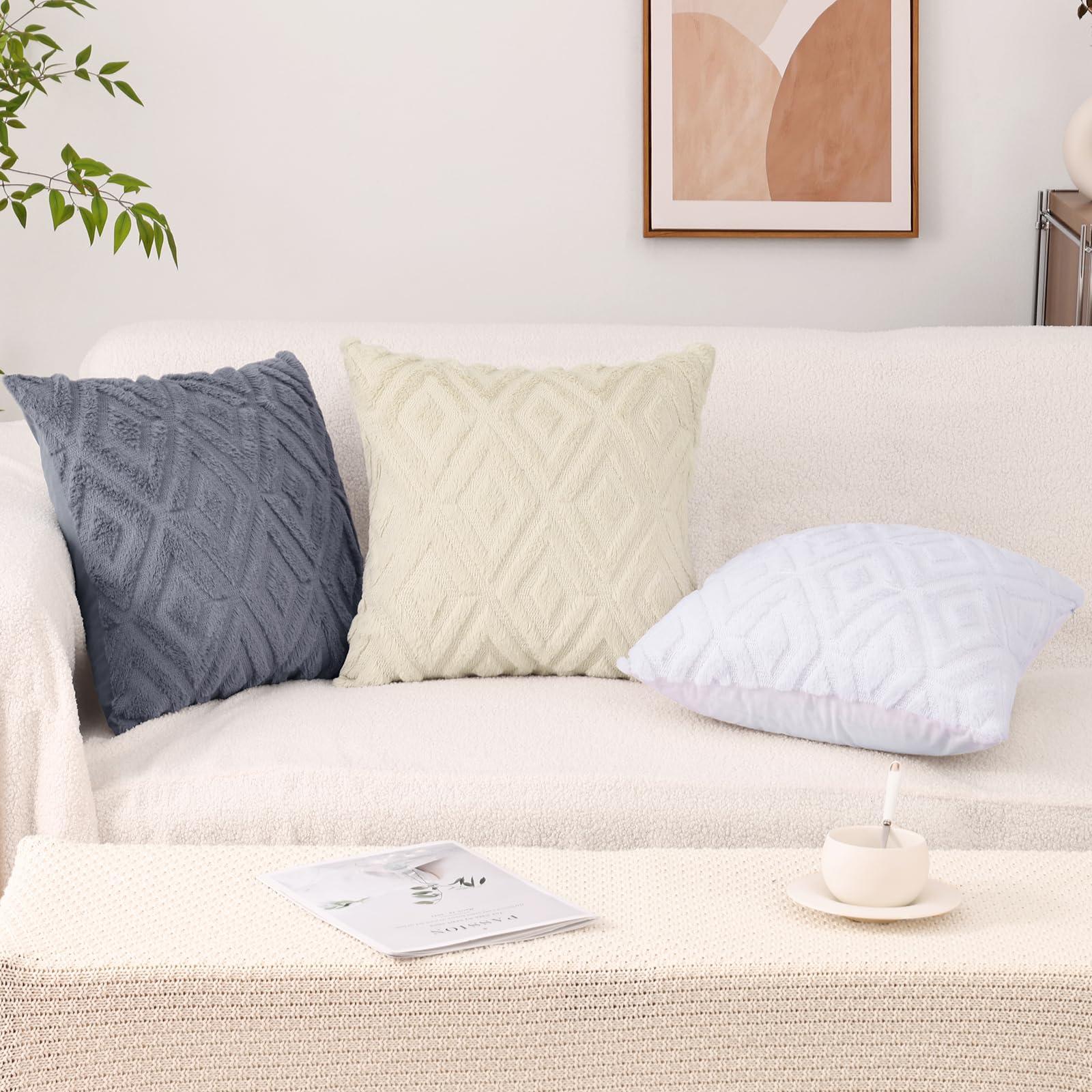 Pallene Soft Faux Fur Throw Pillow Covers 16x16 Set of 2 - Plush Wool Decorative Couch Pillow Covers for Sofa, Bed, Living Room - 3D Diamond Pattern - Pure White - Perfect for Cozy Home Decor and Winter Accents