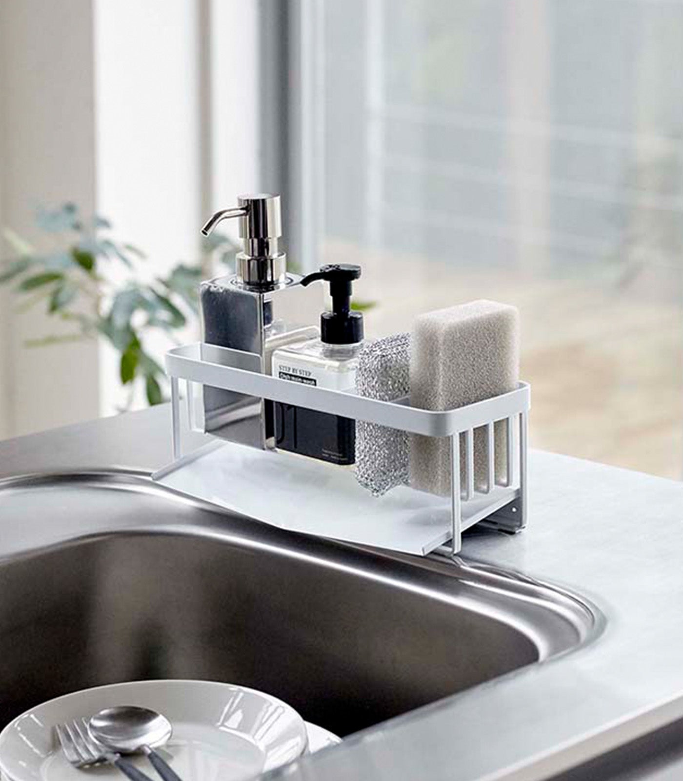 Stainless Steel Sponge Holder & Bottle Brush Organizer for Kitchen Sink - Perfect for Dishwashing, Cleaning and Bathroom Storage