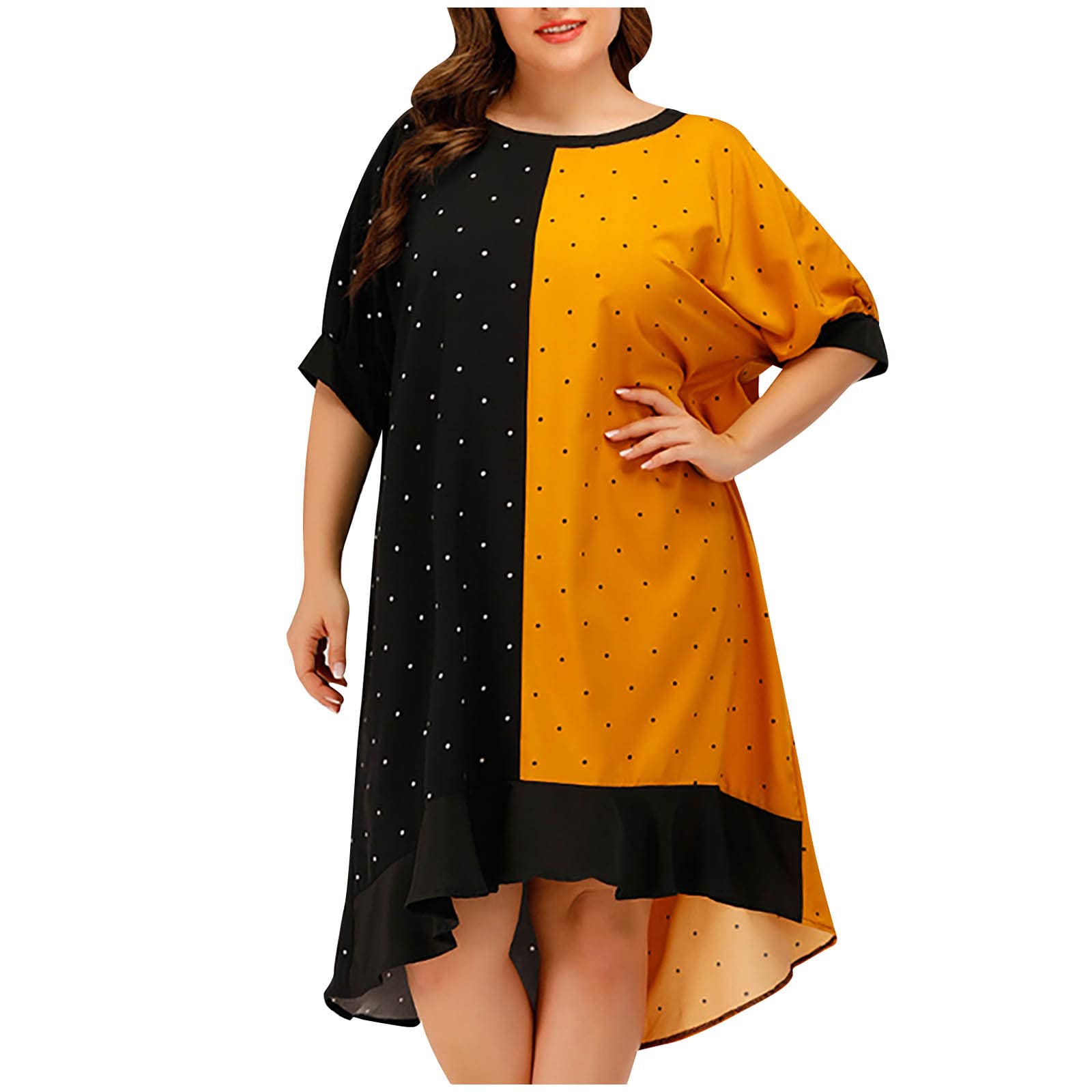 BmkBWO Plus Size Women's Short Sleeve Patchwork Casual Dress - Crewneck Loose Swing Knee Length Shift Summer Dress for Work, Vacation & Everyday Wear