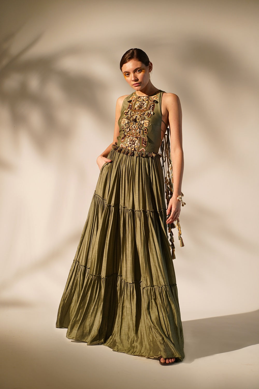Olive Green Halter Neck Maxi Dress for Women - Elegant Summer Beach Party & Evening Wear