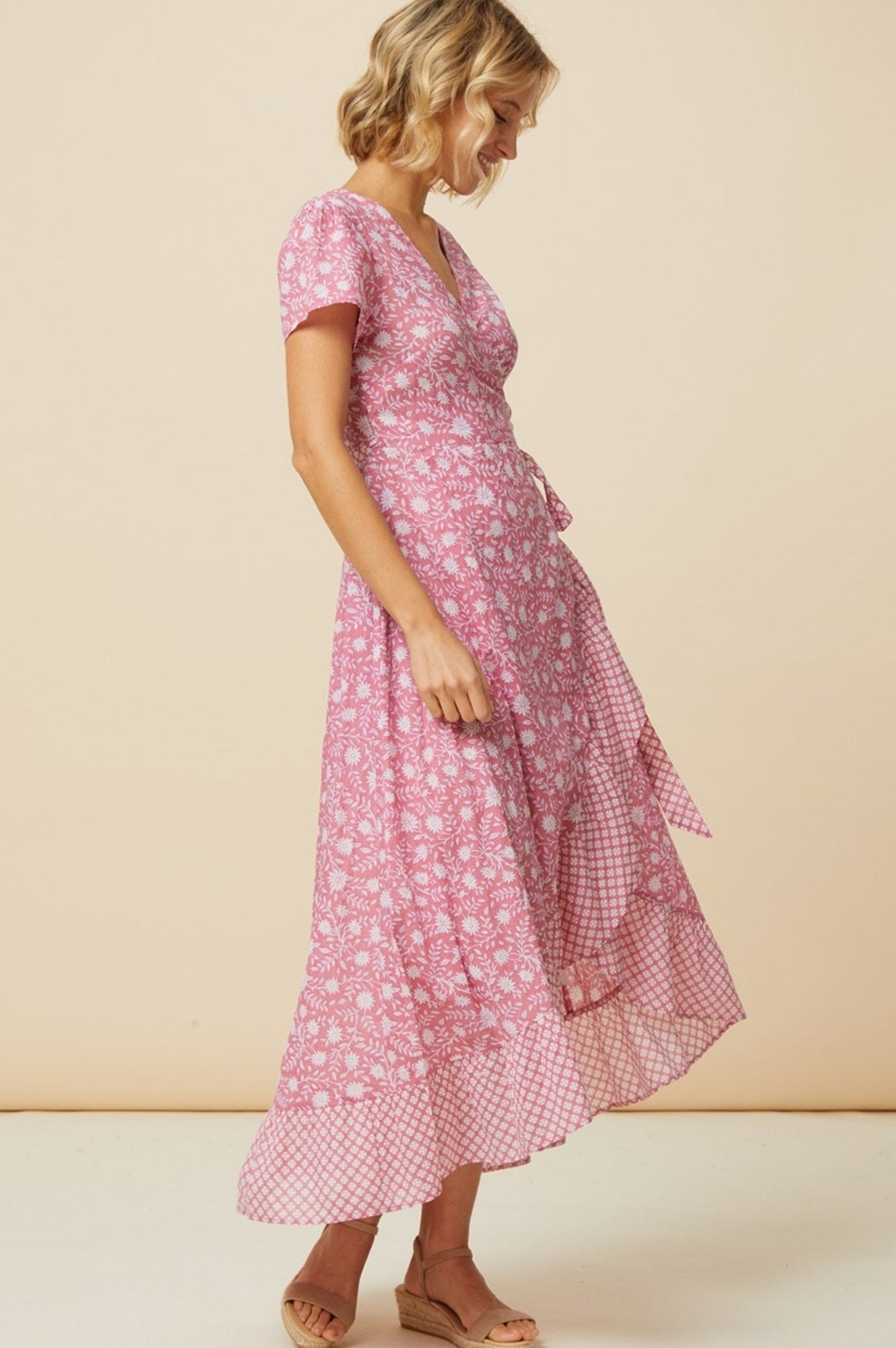 Stylish Demi Cotton Wrap Dress in Primula Pink & White - Perfect for Casual Outings, Date Nights, and Summer Vacations