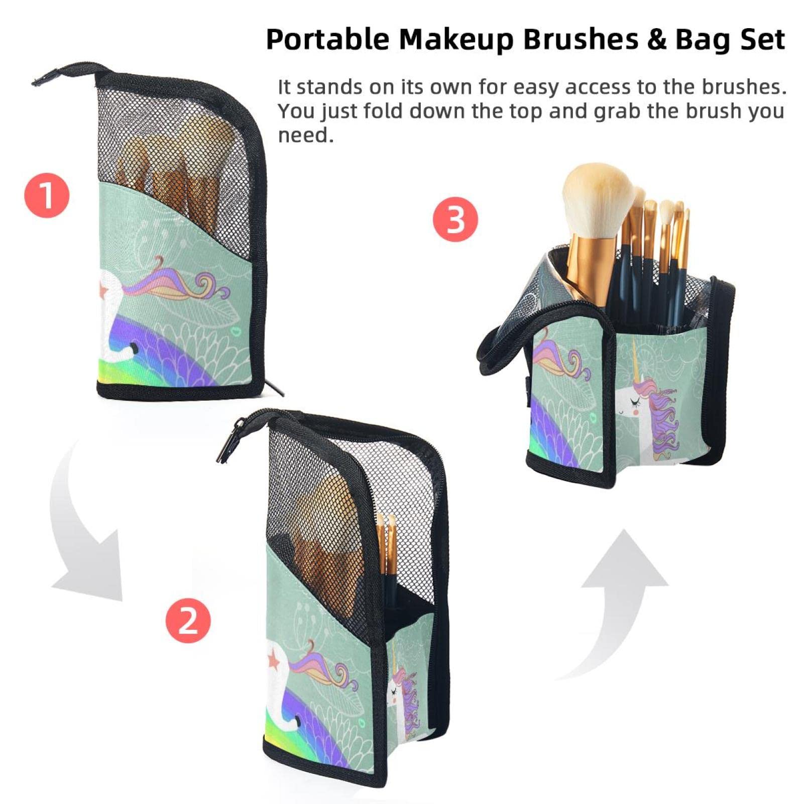 Rainbow Unicorn Makeup Brush Organizer Bag with 12 Slots - Portable Travel Cosmetic Brush Holder Case for Professional & Home Makeup Artists - Perfect for Travel, Vanity, and Salon Use