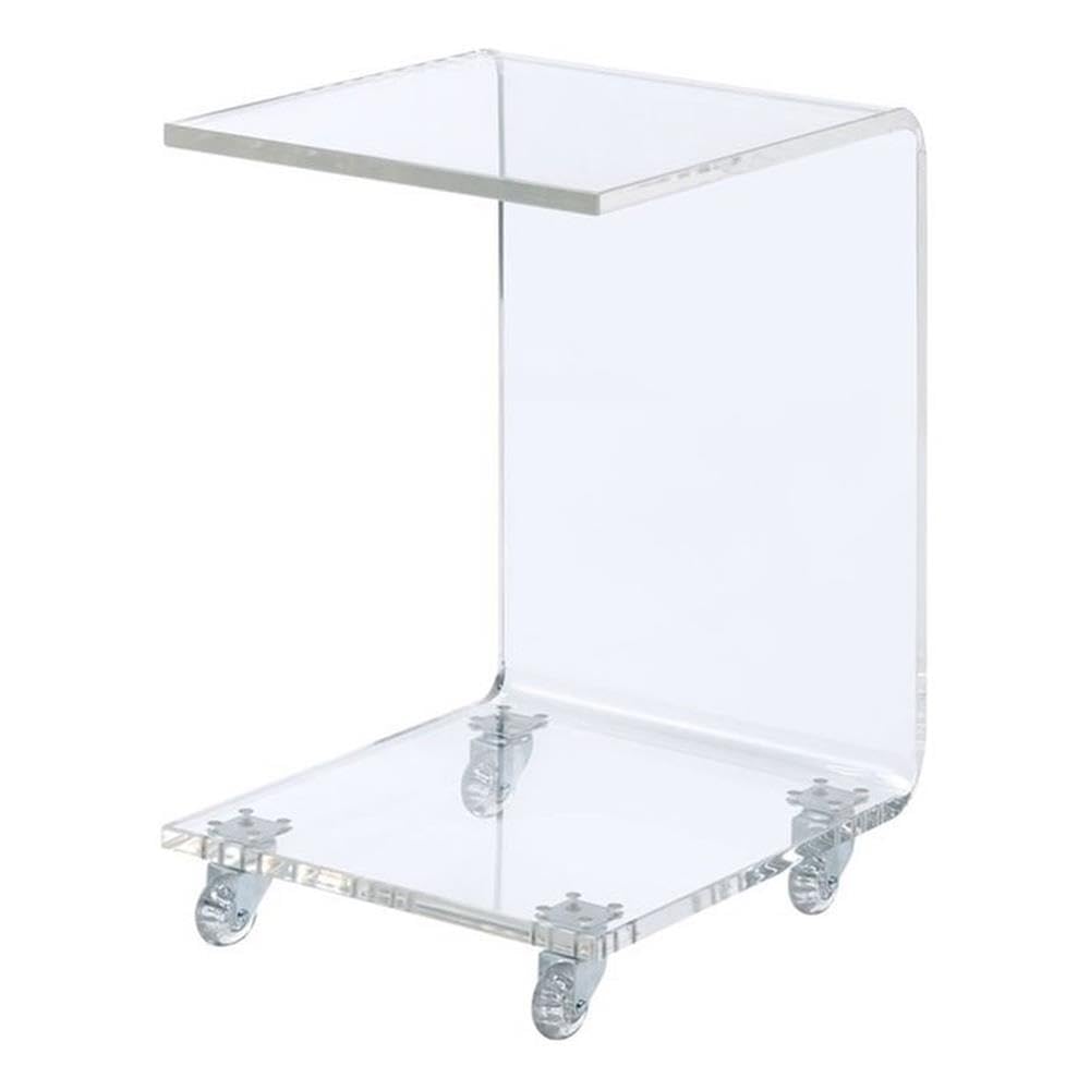BOWERY HILL Modern Clear Resin End Table - Rectangle C-Shape Coffee Table with Shelf, Fits Under Couch - Perfect for Living Room, Bedroom & Small Spaces