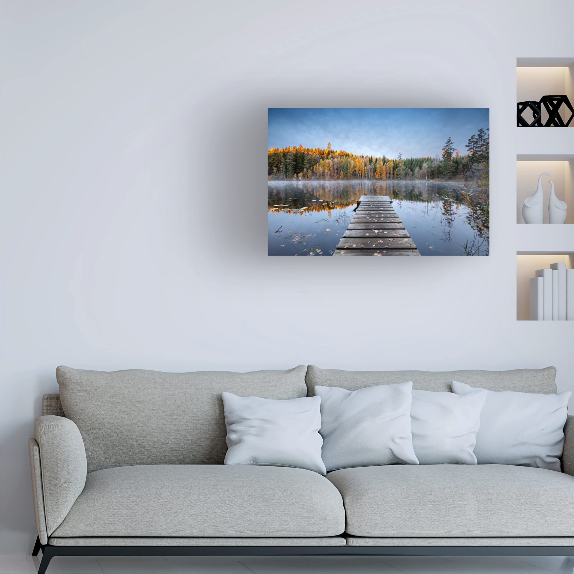 Trademark Fine Art 'Autumn Pier' Canvas Art Print by Keller - Stunning Fall Landscape Wall Decor for Living Room, Bedroom & Office