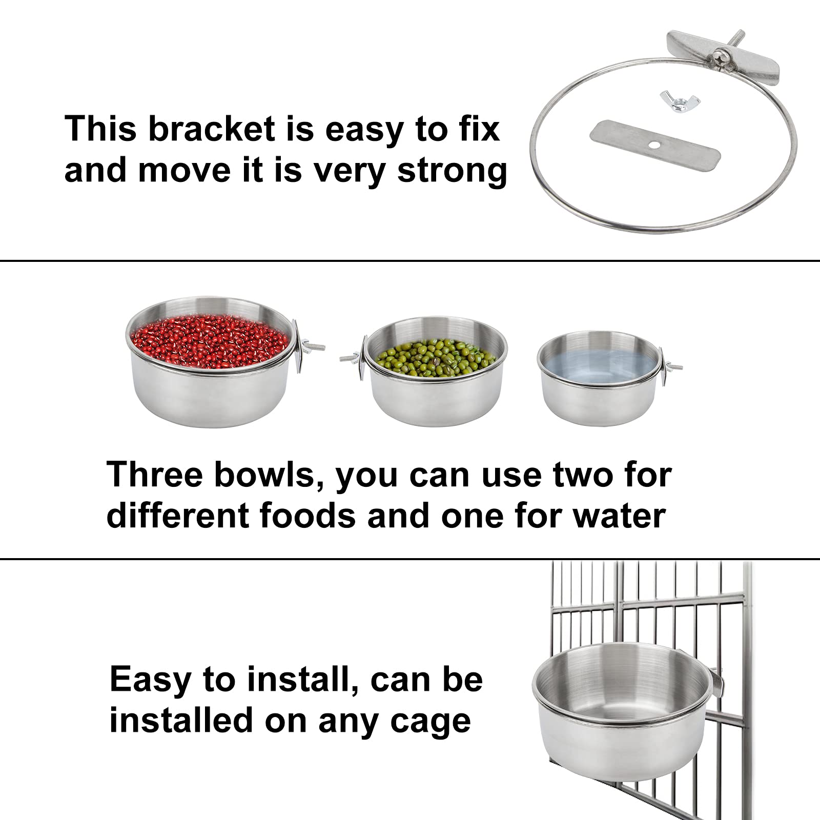 3 Pack Stainless Steel Bird Feeding Dish Cups with Clamp Holder - Parrot Food Bowl & Water Feeder for Cockatiel, Conure, Budgies, Parakeet, Macaw, Finches, Lovebirds - Perfect for Birdcage, Coop & Small Animal Cages