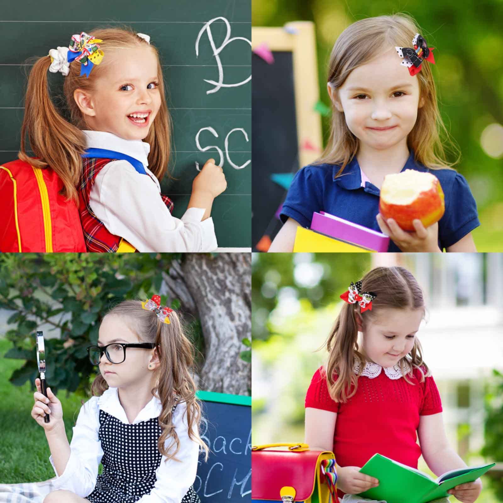 Whaline 4Pcs Colorful Back to School Hair Clips - Apple, School Bus & Blackboard Grosgrain Ribbon Barrettes for Girls | First Day of School, Kindergarten & Classroom Accessories | Perfect for School Photos, Parties & Everyday Wear