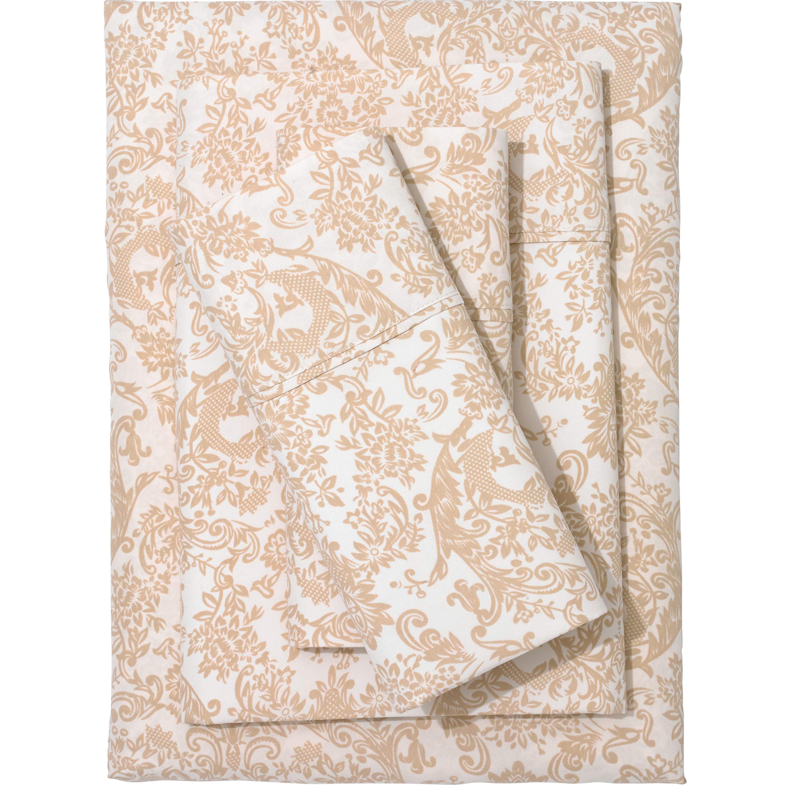 BrylaneHome Printed Damask 6-Piece Queen Size Sheet Set - Soft Luxury Bedding, Pearl Damask Pattern for Master Bedroom & Guest Room Decor