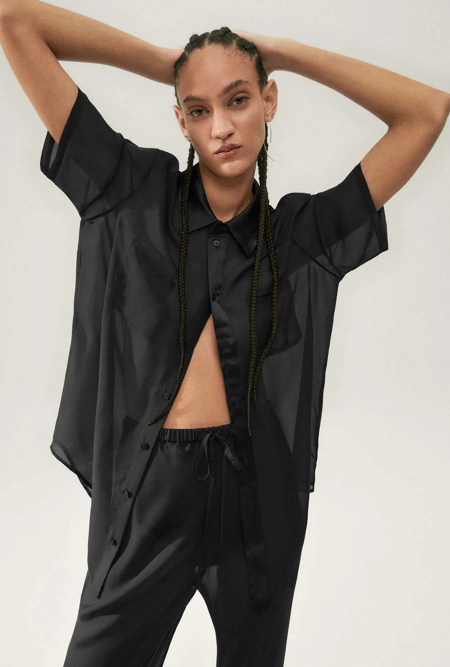 Chiffon Short Sleeve Boyfriend Shirt for Women - Black Loose Fit Casual Blouse for Date Night & Office Wear