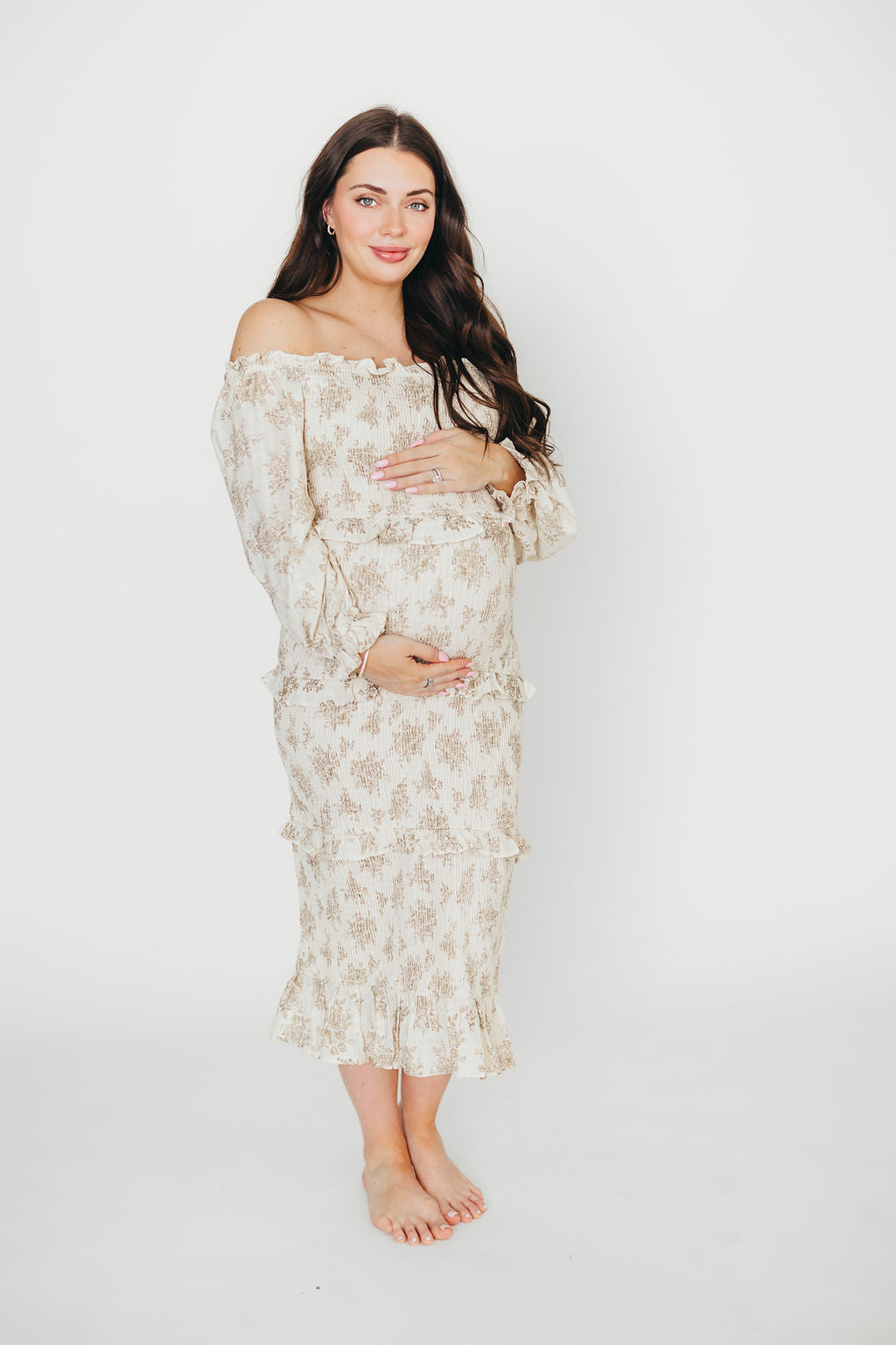 Chloe Maternity Midi Dress in Brown - Bump Friendly Pregnancy Dress for Women | Perfect for Baby Showers, Maternity Photos & Special Occasions