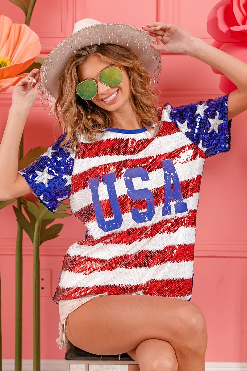 BiBi American Flag Sequin Top with USA Lettering - Patriotic Party Outfit for 4th of July, Independence Day & National Celebrations