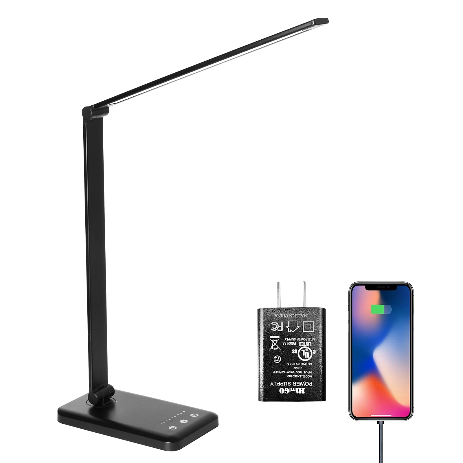 LED Desk Lamp with USB Charging Port - Eye-Caring Stepless Dimmable Office Light, Touch/Memory/Timer, 25 Brightness Levels, Foldable Design for Reading, Studying & Working - Perfect for Home Office, Dorm Room & Nightstand Use