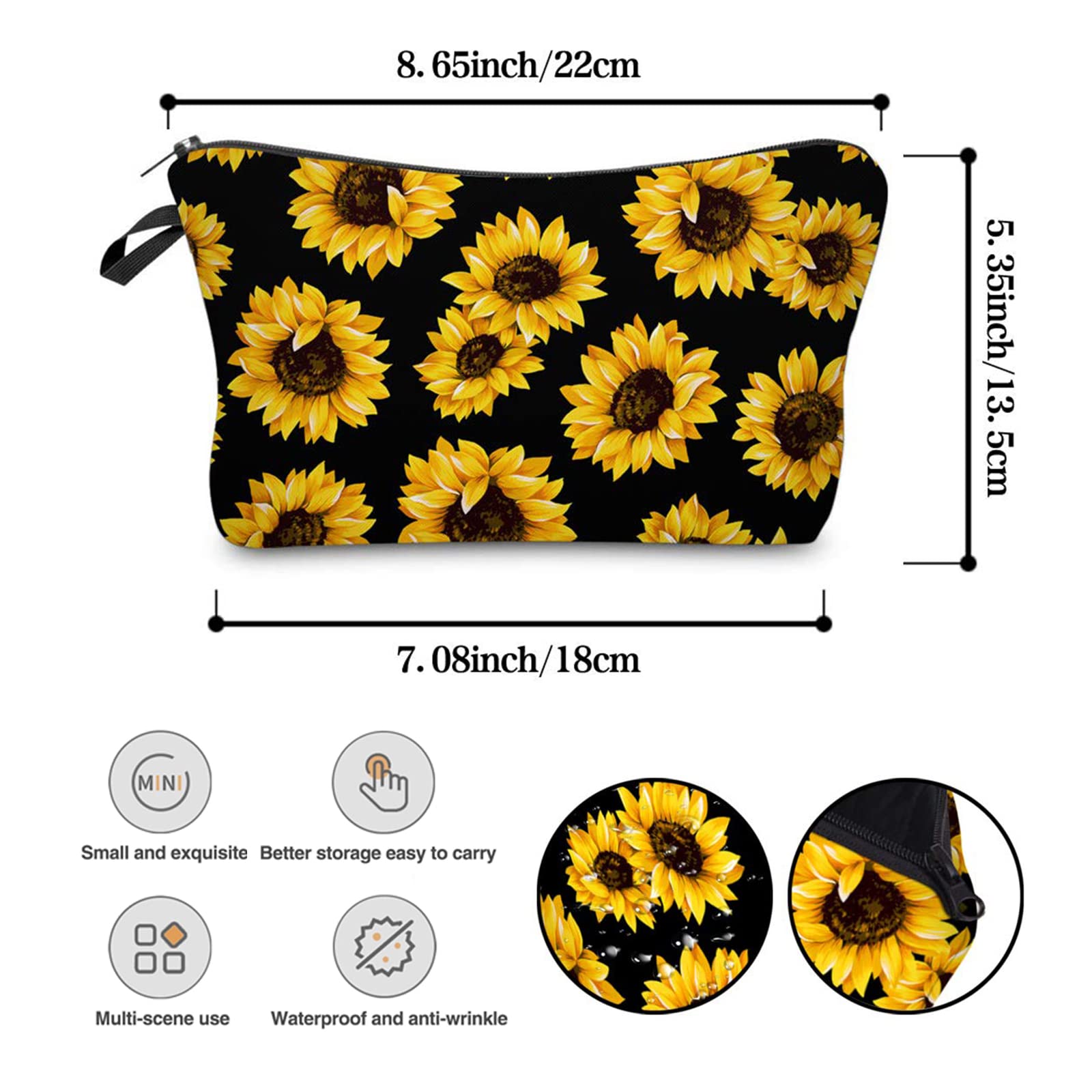 2 Pack Waterproof Sunflower Cosmetic Bags for Women - Travel Makeup Organizer Pouch, Toiletry Bag for Purse, Gym & Vacation - Cute Girls' Makeup Storage Case