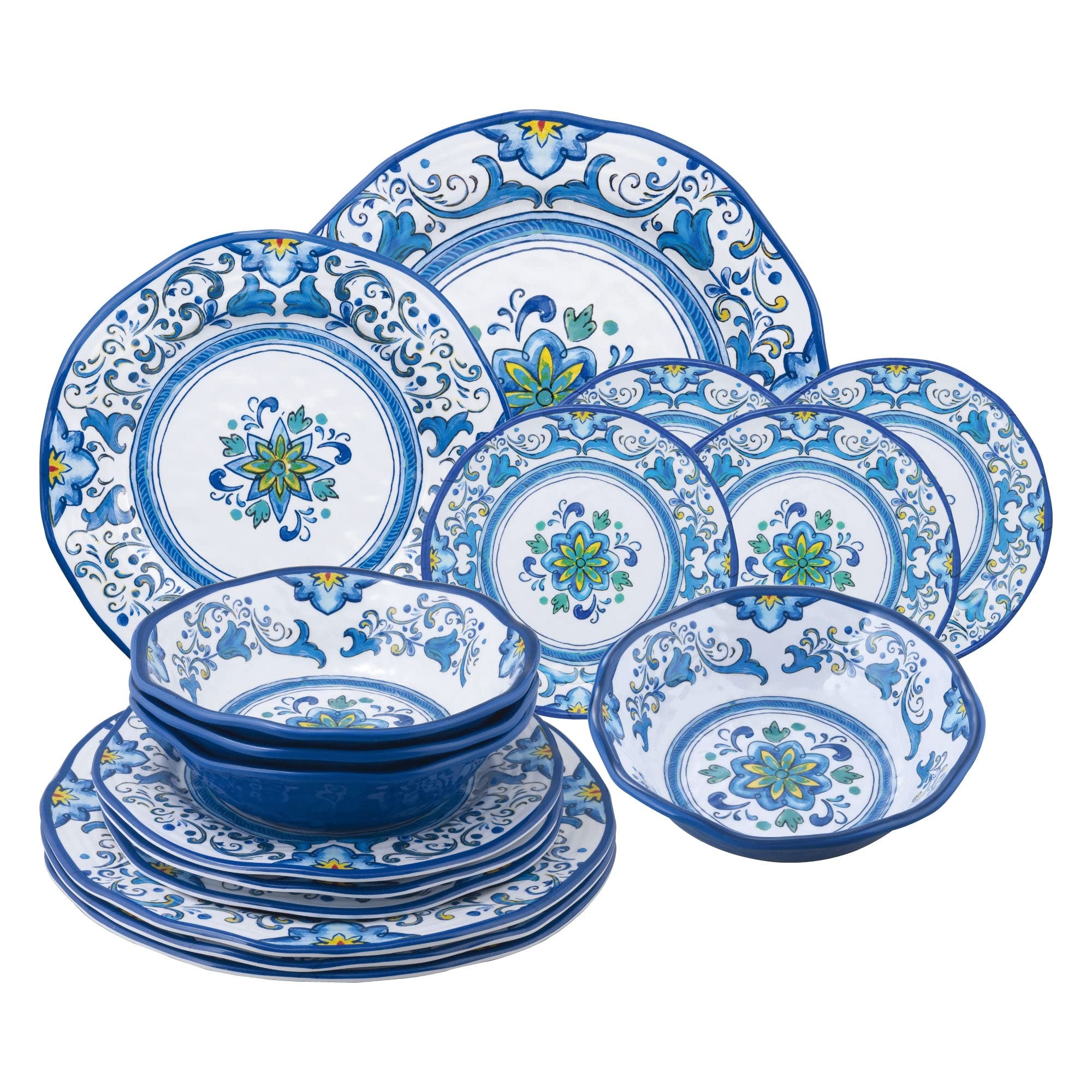 UPware 16-Piece Melamine Dinnerware Set - 4 Dinner Plates, 4 Salad Plates, 4 Dessert Plates & 4 Bowls for 4 People, Durable & Lightweight Blue Floral Design - Perfect for Outdoor Dining, Picnics, Camping & Everyday Use