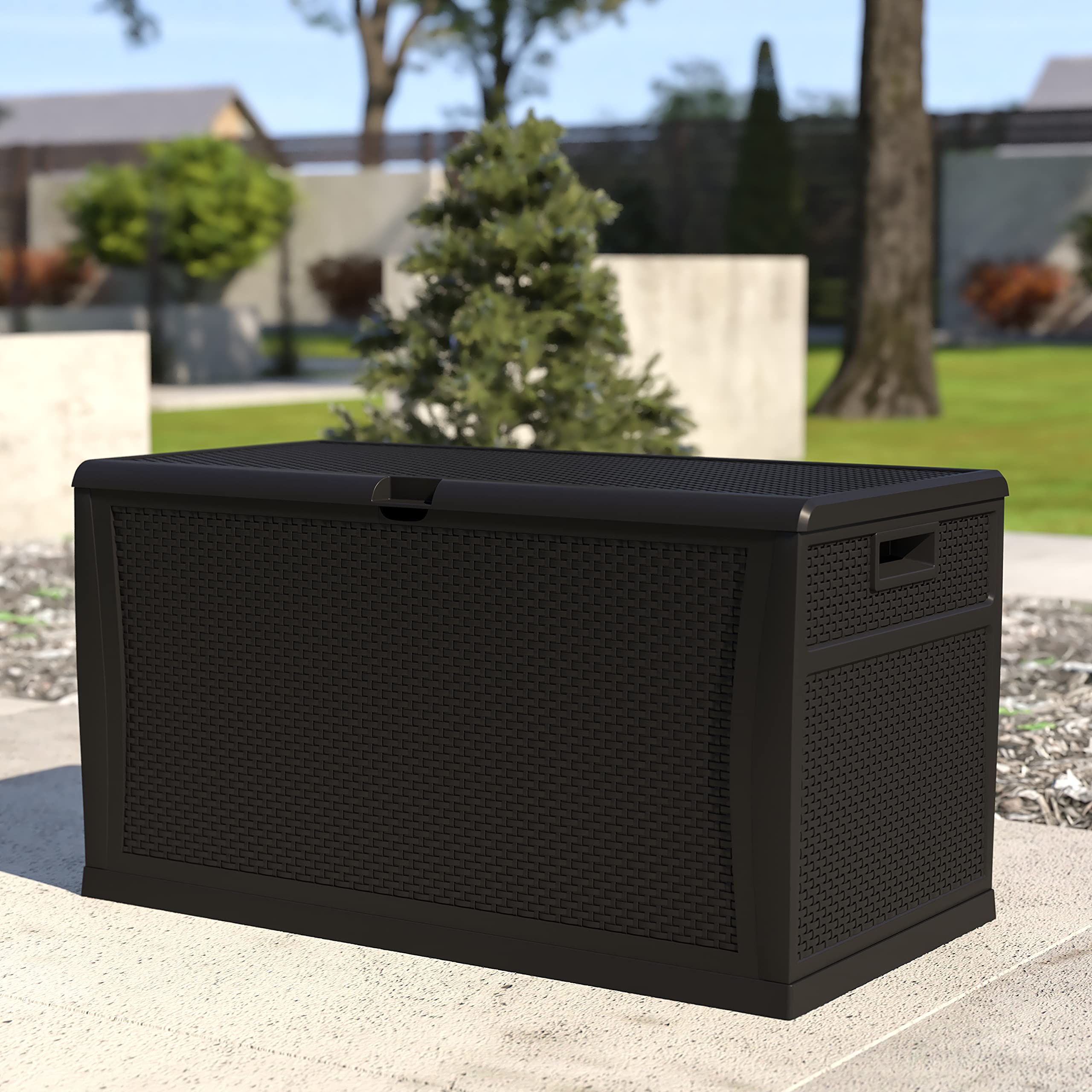 EMMA + OLIVER 120 Gallon Black Plastic Deck Box - Outdoor Patio Storage Container for Cushions, Pool Toys & Garden Tools - Weatherproof Deck Organization Solution for Backyard, Poolside & Patio