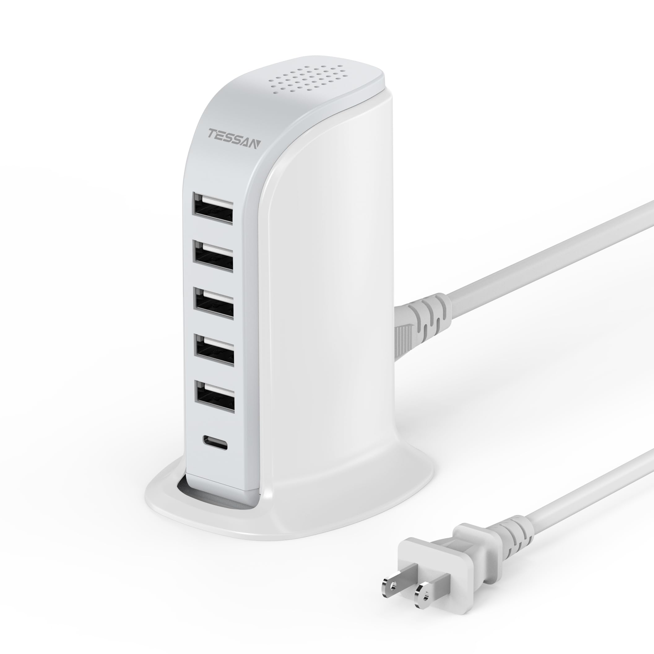 TESSAN 40W 6-Port USB Charging Station with Type C Fast Charger - Multi-Device Charger Hub for Phones, Tablets, Earphones - Compact Desktop Charger for Home, Office & Travel Accessories | Perfect for Family, Workspace & On-the-Go Charging Needs