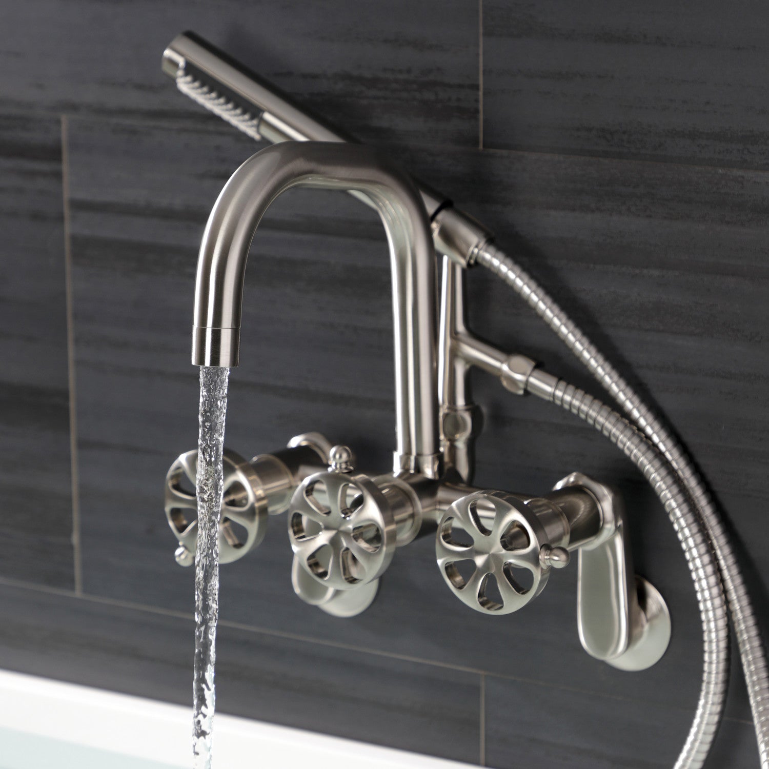 Belknap AE8458RX 3-Handle 2-Hole Wall Mount Clawfoot Bathtub Faucet with Hand Shower in Brushed Nickel - Perfect for Vintage Bathroom Renovations and Spa-Like Shower Experience