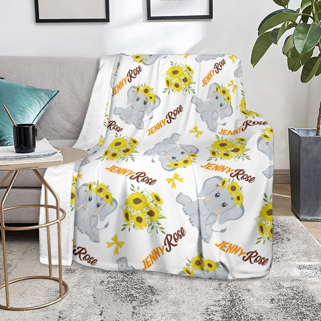 Personalized Sunflower Baby Elephant Blanket with Name - Soft Nursery Blanket for Girls & Boys - Large Size Baby Shower Gift for Newborns & Toddlers - Perfect for Cribs, Strollers & Photo Props