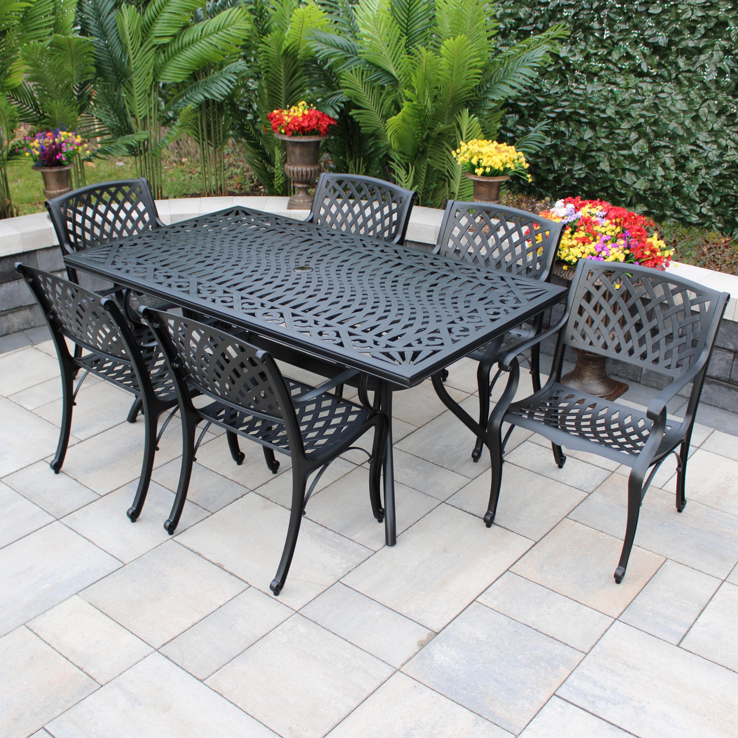 Oakland Living Modern Ornate Outdoor Mesh Aluminum 68-inch Black Rectagonal Patio Dining Set with 6 Chairs – Perfect for Backyard BBQs, Garden Parties & Poolside Entertaining