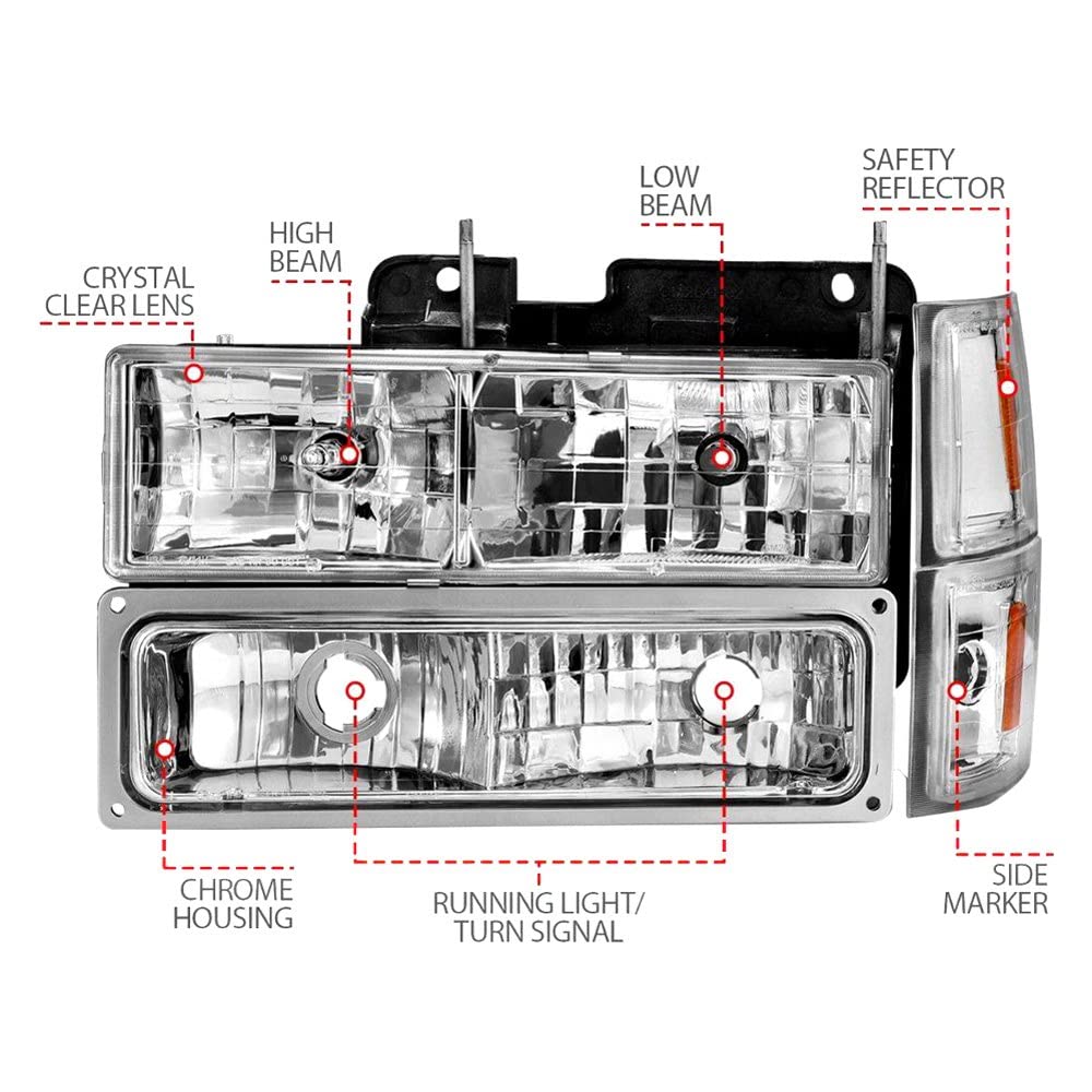 Anzo USA Crystal Clear Headlights for 88-98 Chevy C1500 - Chrome Housing with Integrated Turn Signal & Side Marker Lights (111506) - Perfect for Truck Restoration & Night Driving Safety