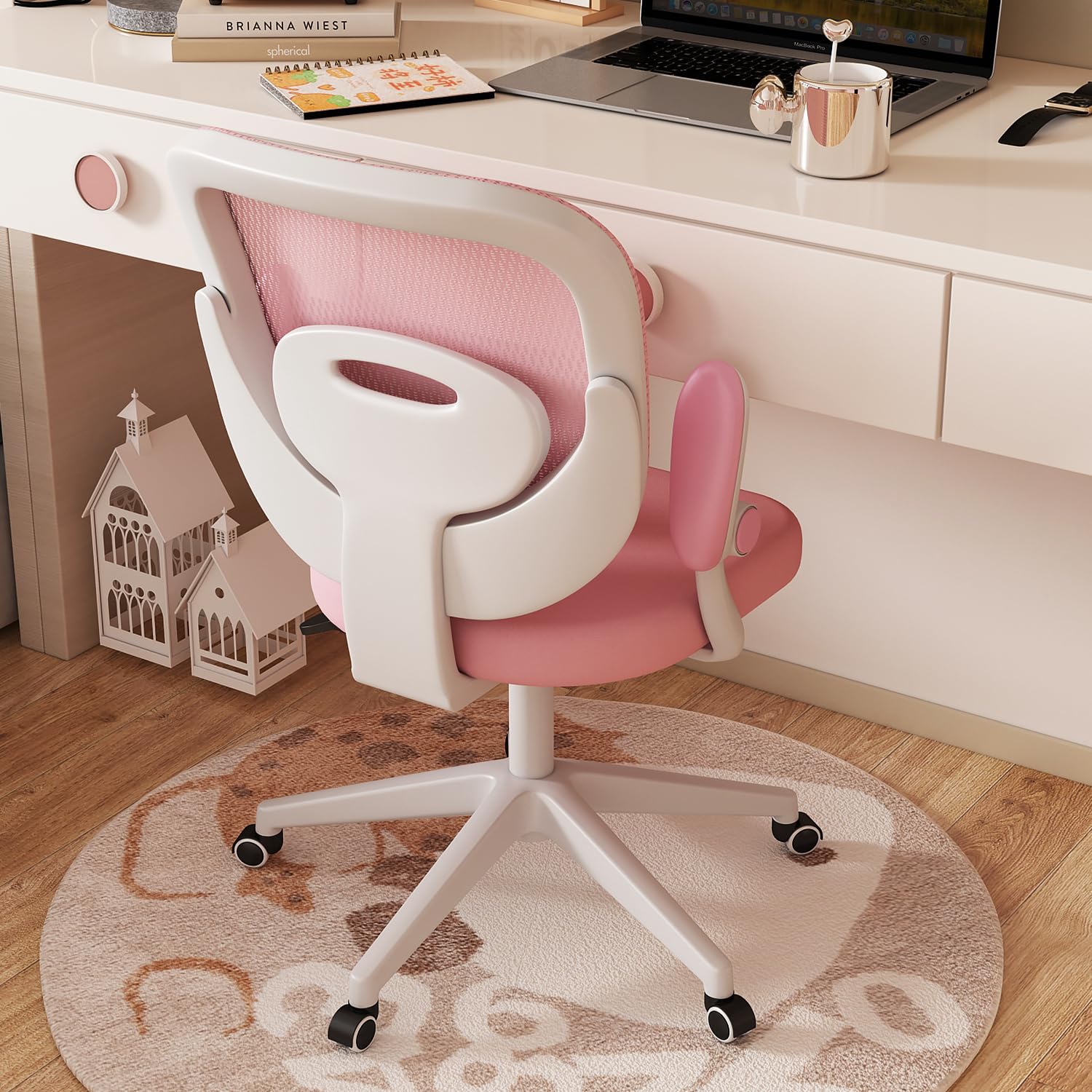 Adjustable Armrest Kids Desk Chair with Wheels - Pink Ergonomic Study & Computer Chair for Boys and Girls - Perfect for Home Office, Online Learning & Gaming