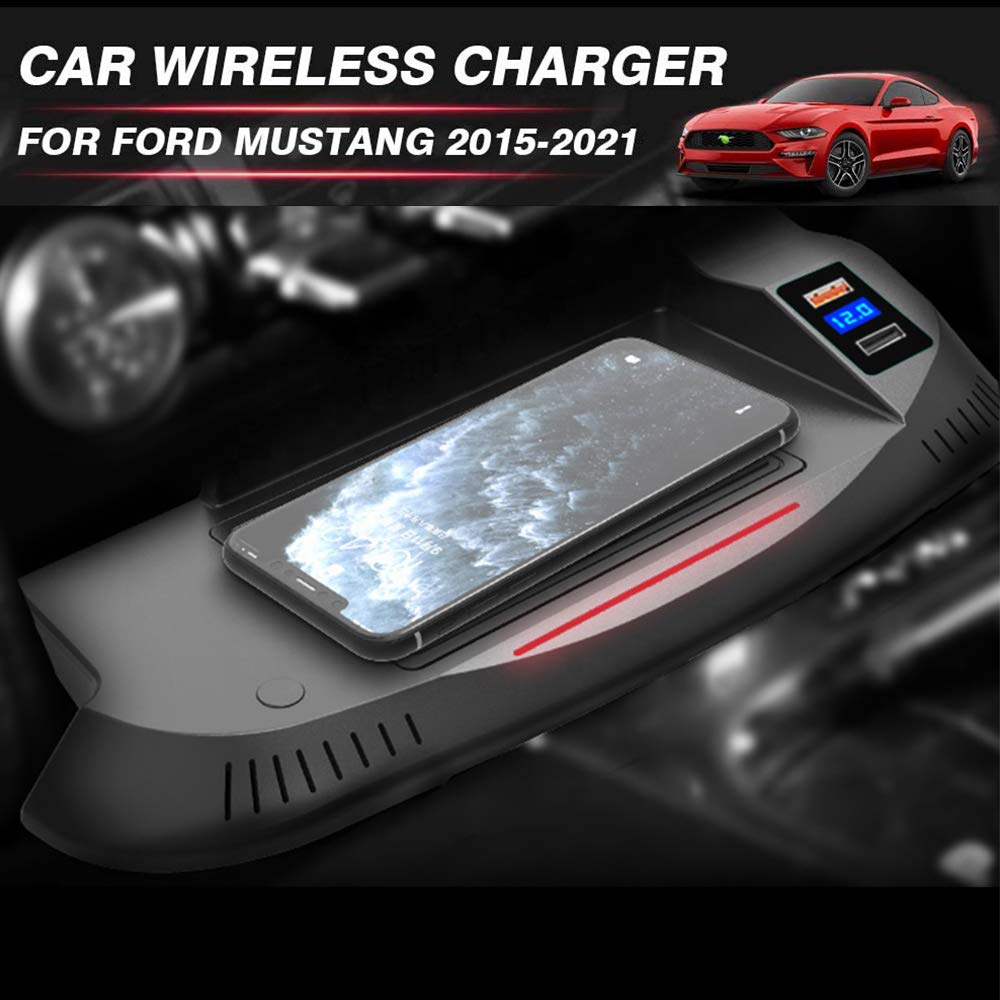 Fast Wireless Car Charger for Ford Mustang 2015-2020 - 15W Qi Charging Pad with QC3.0 USB Port - Perfect for iPhone & Galaxy Phones on Road Trips