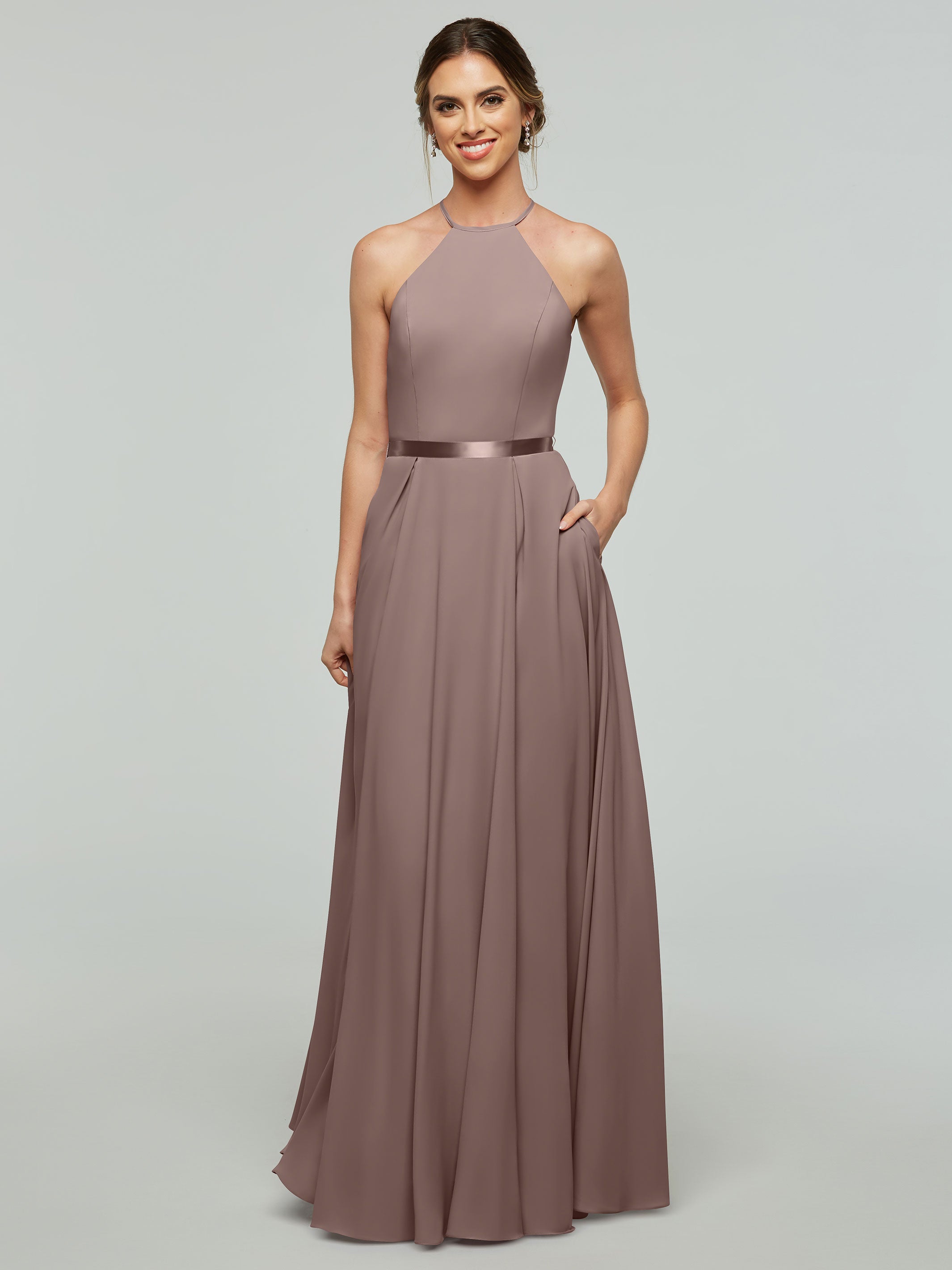 Elegant A-Line Stretch Chiffon Bridesmaid Dress with Halter Neckline & Adjustable Waist Belt - Perfect for Weddings, Formal Events & Special Occasions
