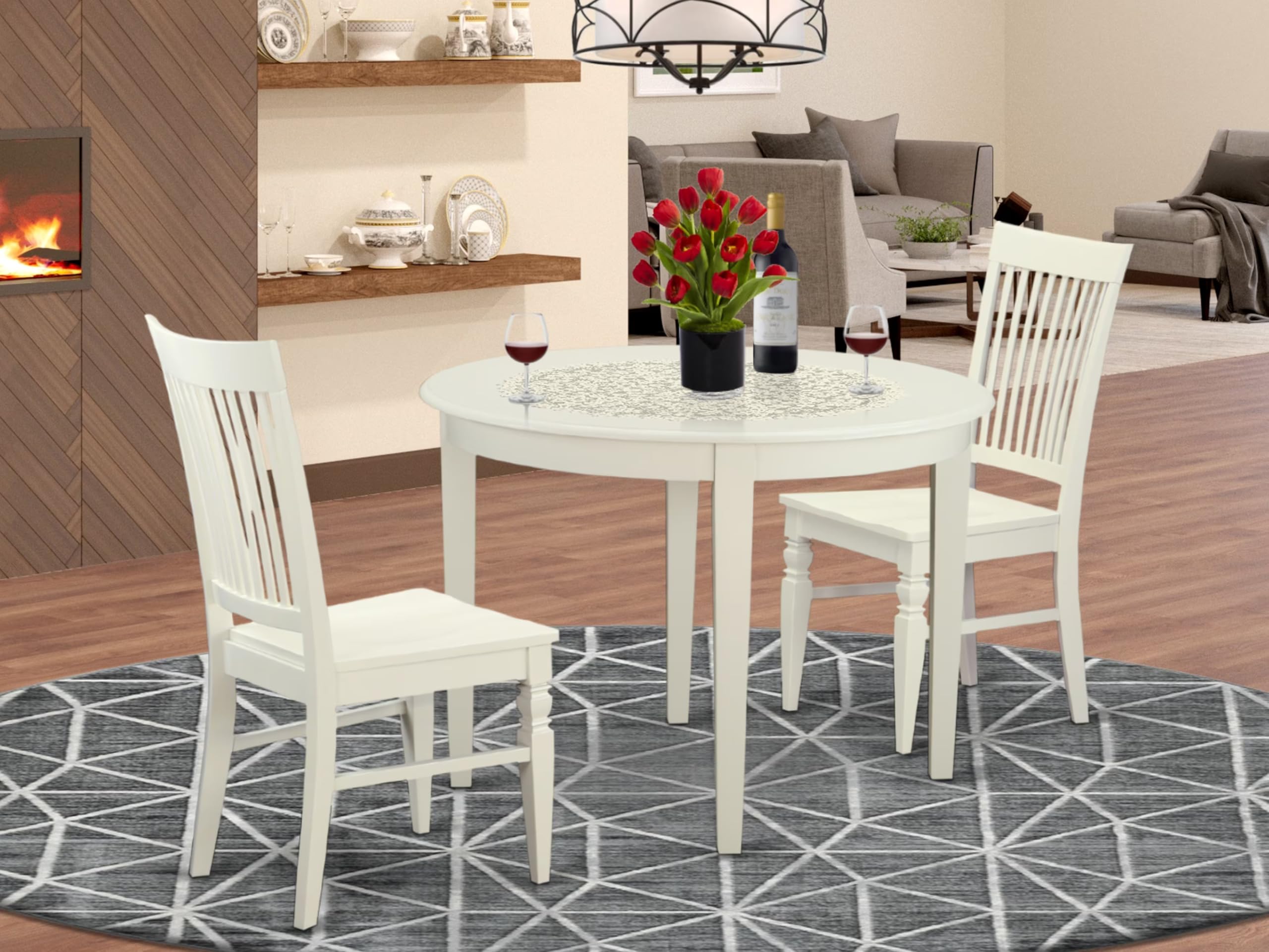 East West Furniture BOWE3-WHI-W 3-Piece Round Dining Table Set with 2 Chairs for Small Spaces - 42x42 Inch Compact Kitchen Table in Linen White - Perfect for Apartments, Breakfast Nooks & Cozy Dining Areas