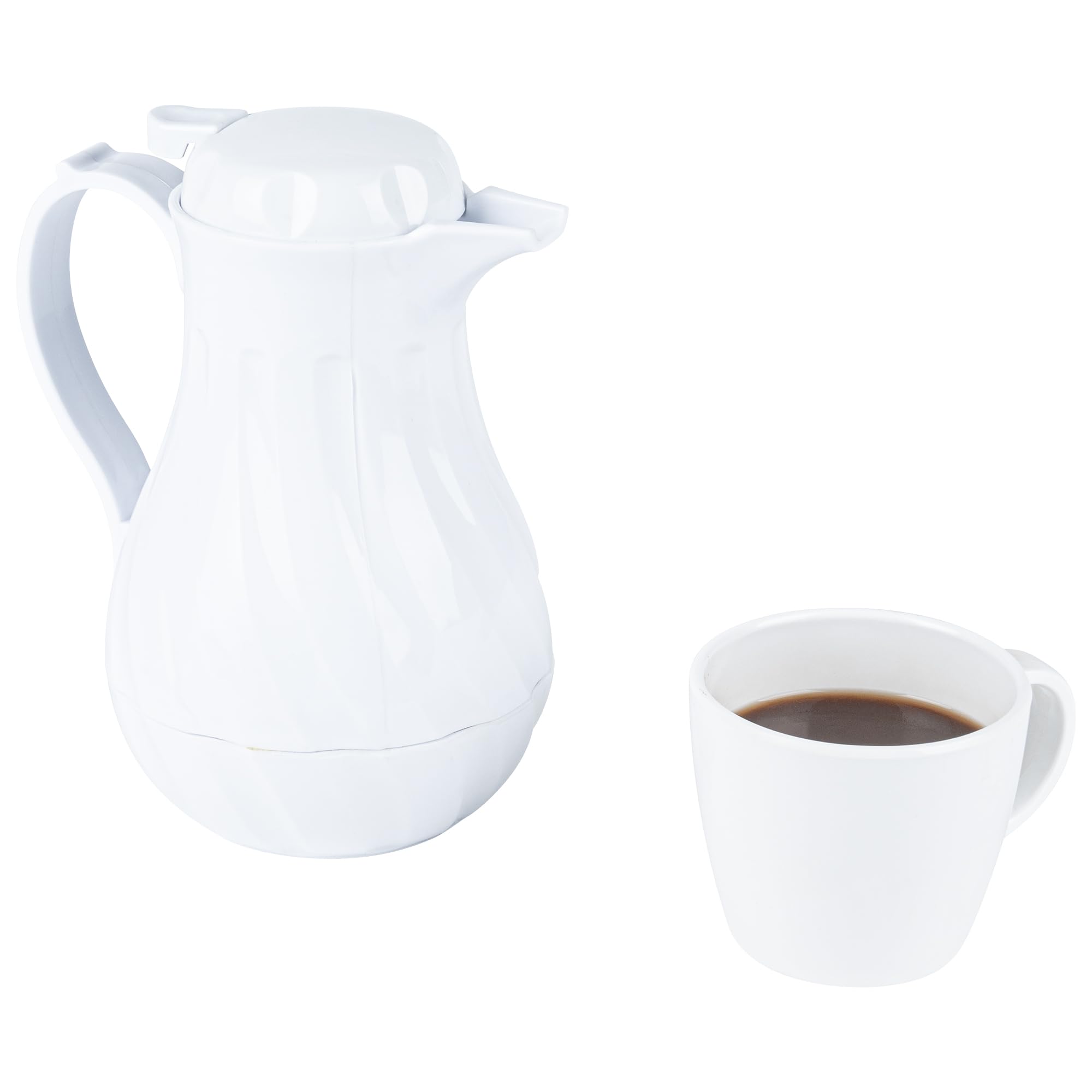20oz Insulated Coffee Carafes with Push-Button Lid - Set of 10 White Plastic Coffee Servers with Swirl Design & Built-in Handle - Perfect for Restaurants, Cafes & Catering Events