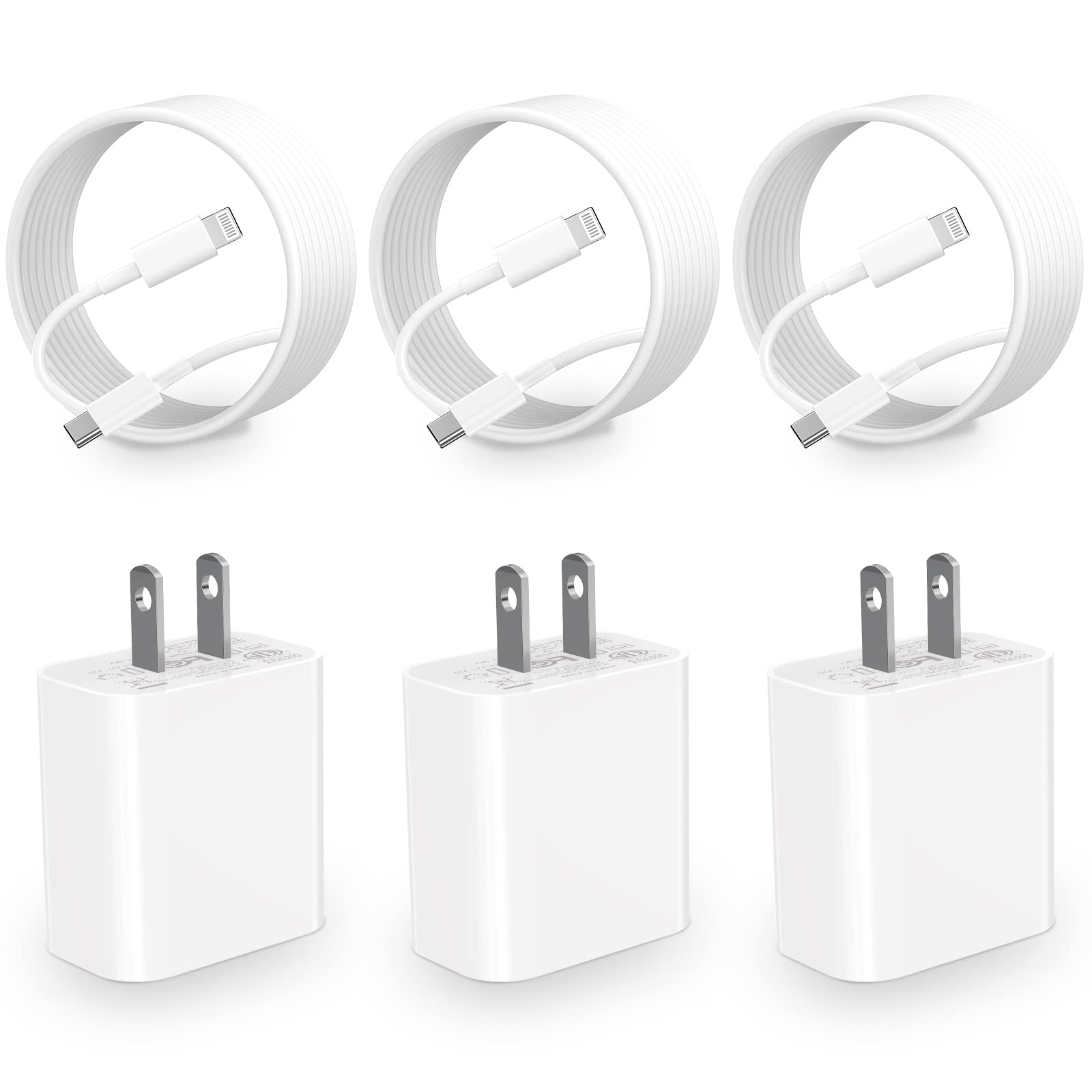 20W USB C Fast Charger Block 3-Pack with 6FT USB-C to Lightning Cables - PD Type C Wall Charger Adapter Compatible with iPhone 14/13/12/11/XS/XR/X/8, iPad & AirPods - Perfect for Home, Office & Travel Charging