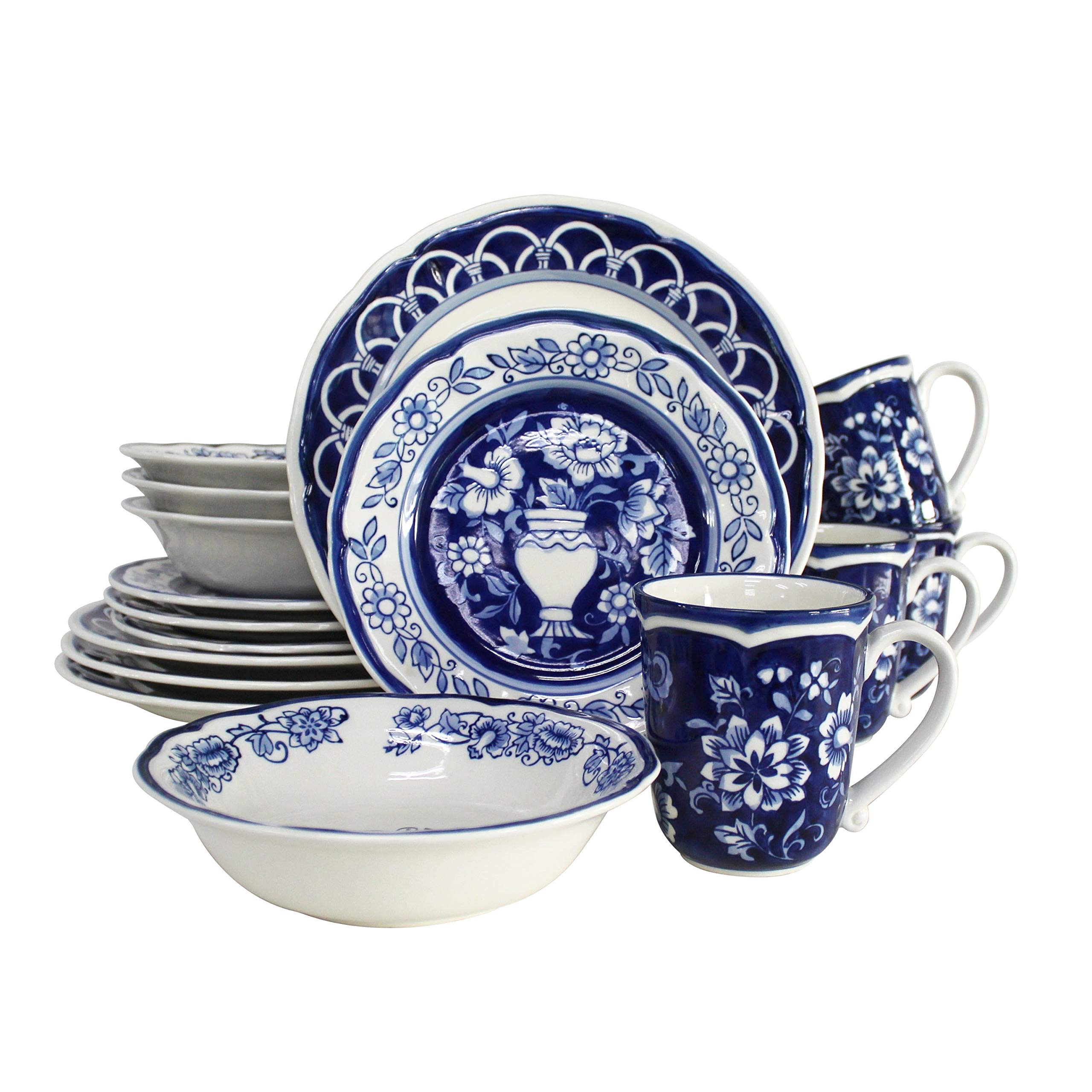 Blue Garden 16-Piece Dinnerware Set - Service for 4, Multi-Color White Floral Oriental Traditional Round Ceramic Stoneware - Dishwasher & Microwave Safe - Perfect for Family Dinners, Entertaining Guests & Everyday Use