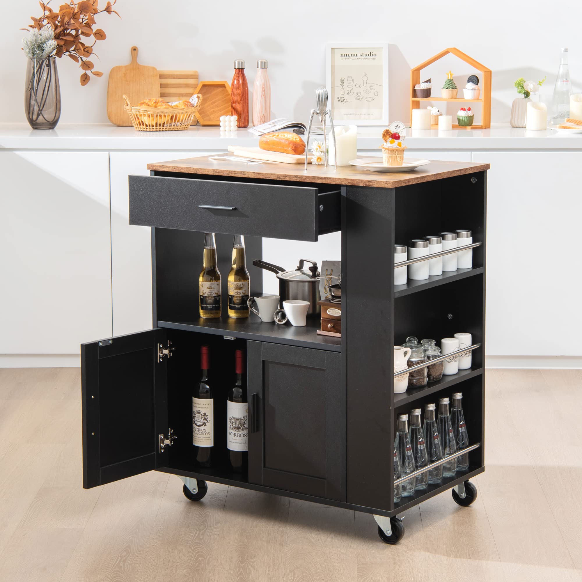 LOKO Mobile Kitchen Island Cart with Lockable Wheels, Towel Rack & Spice Rack - 32.5