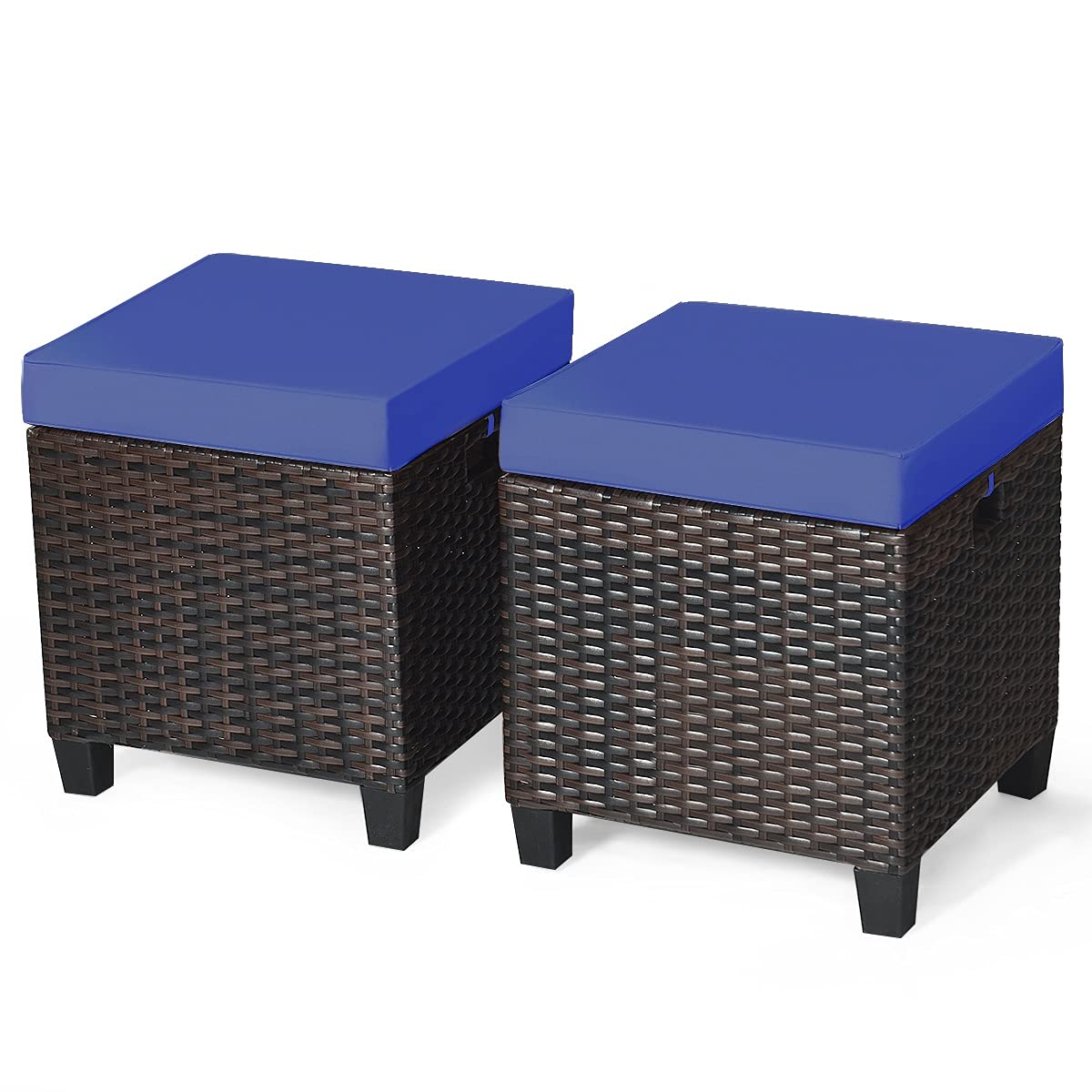 2PCS Rattan Wicker Ottoman Set with Removable Cushions - Patio Footstool Footrest Seat for Outdoor Living, Garden, Backyard & Home Decor (Navy) - Perfect for Relaxing, Entertaining & Adding Boho Style to Your Space